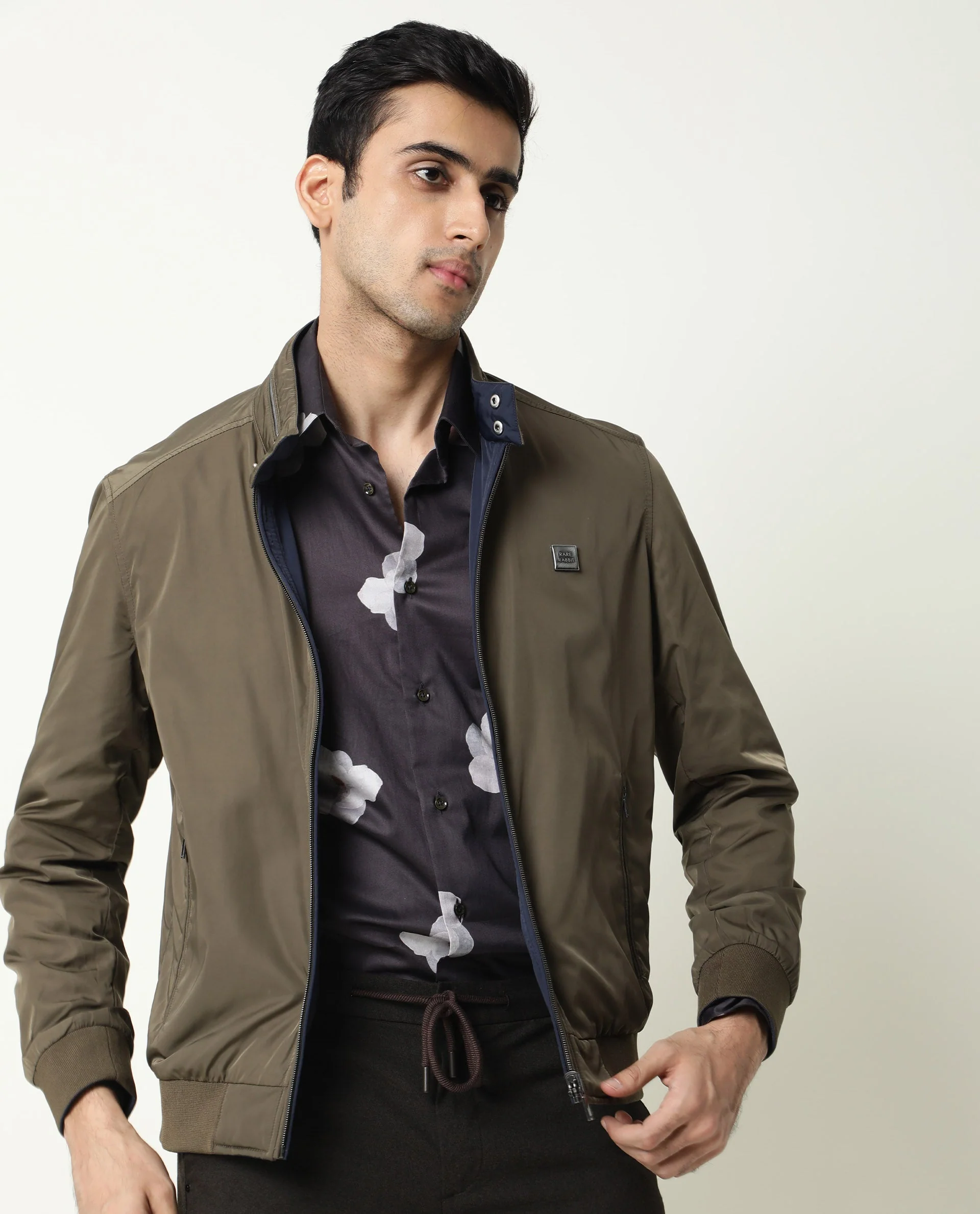 Rare Rabbit Men's Royban Olive Polyester Plain Regular Fit Full Sleeve Mandarin Collar Jacket - Image 2
