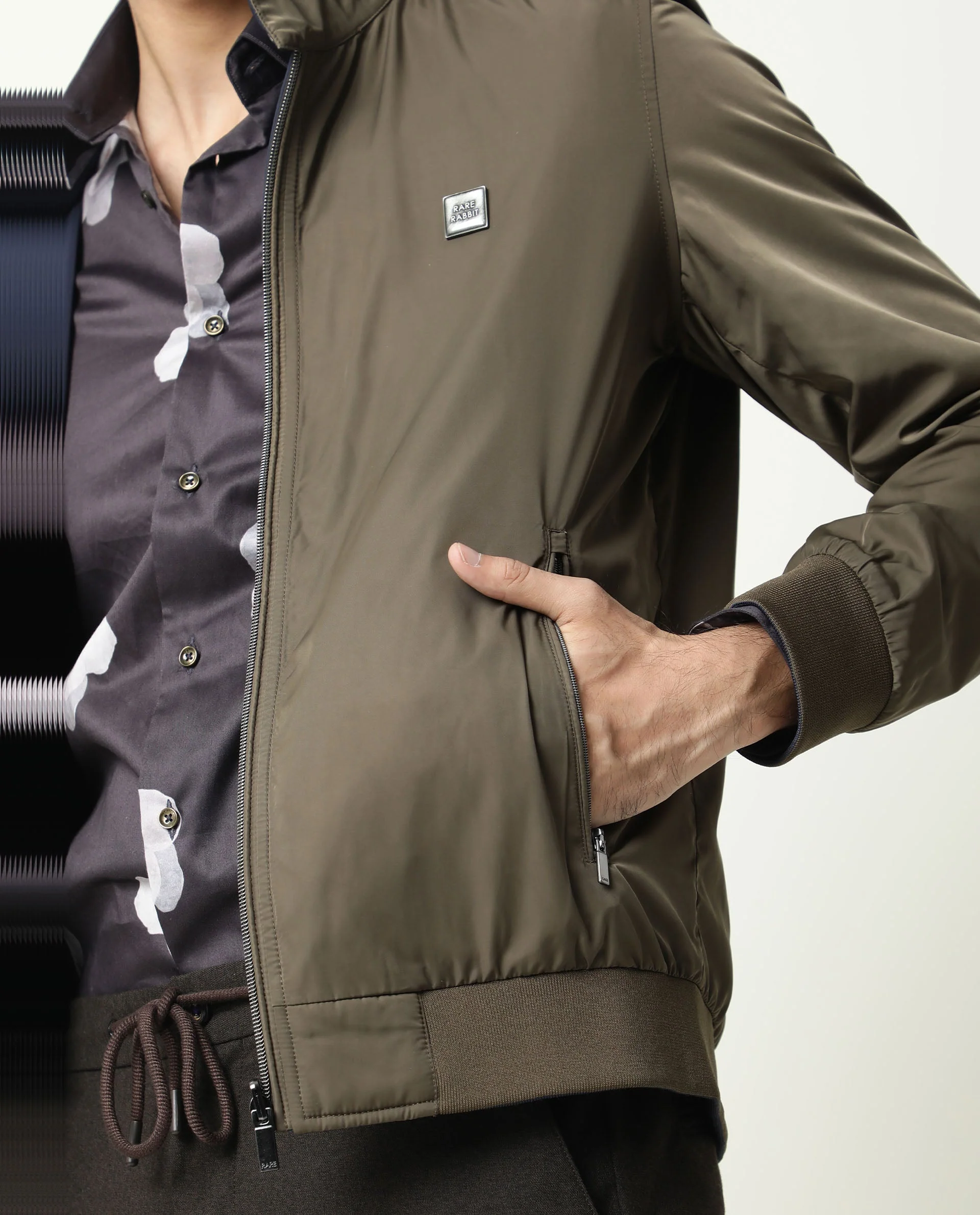 Rare Rabbit Men's Royban Olive Polyester Plain Regular Fit Full Sleeve Mandarin Collar Jacket - Image 7