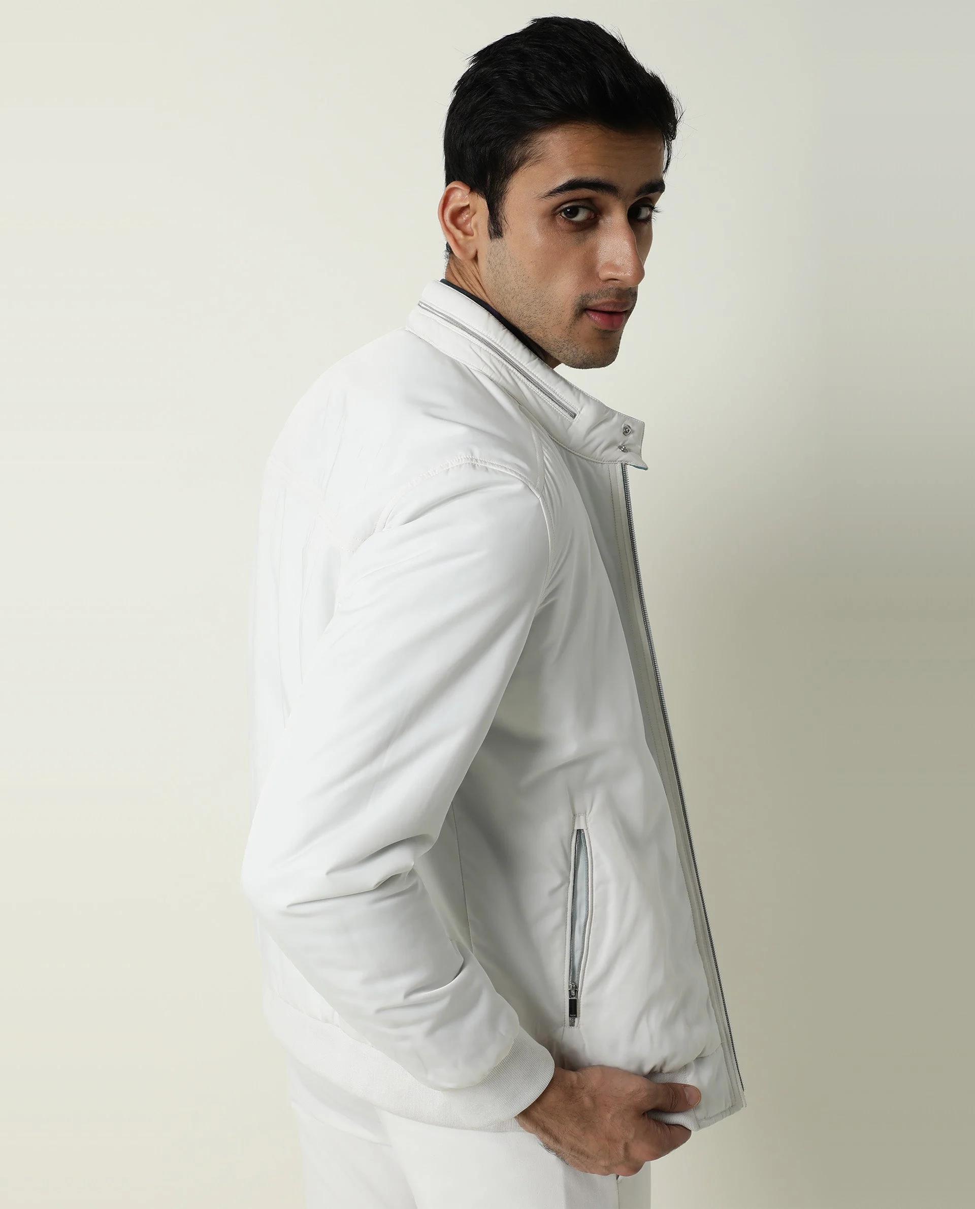 Rare Rabbit Men's Royban White Plain Regular Fit Full Sleeve Stand Collar Jacket - Image 3