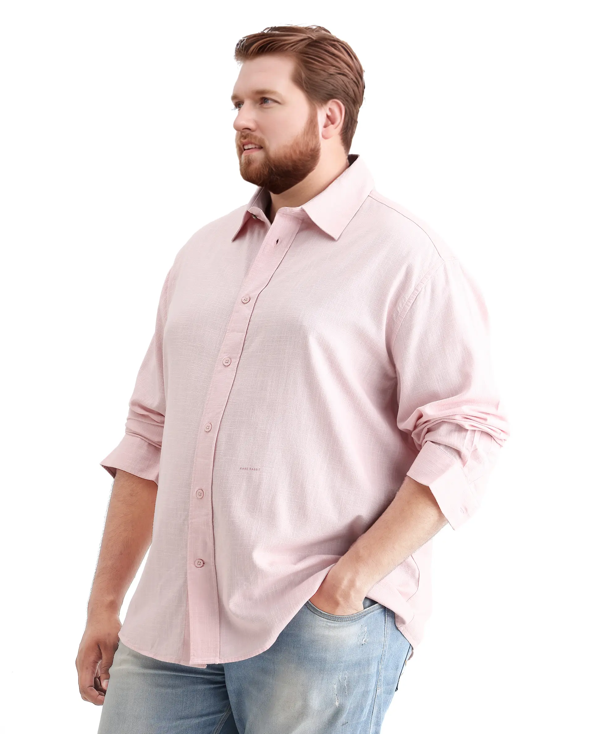 Rare Rabbit Men's Royo Big Light Pink Cotton Blend Fabric Full Sleeve Spread Collar Button Closure Regular Fit Plain Shirt - Image 4