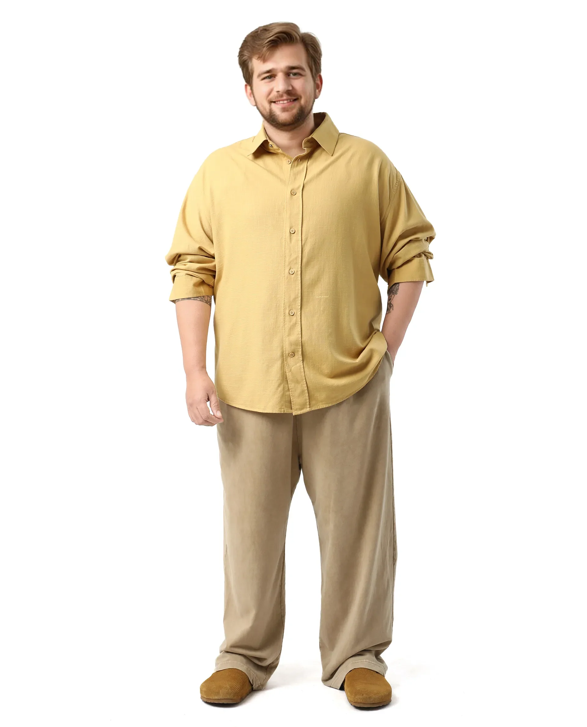 Rare Rabbit Men's Royo Big Mustard Cotton Blend Fabric Full Sleeve Spread Collar Button Closure Regular Fit Textured Shirt - Image 2