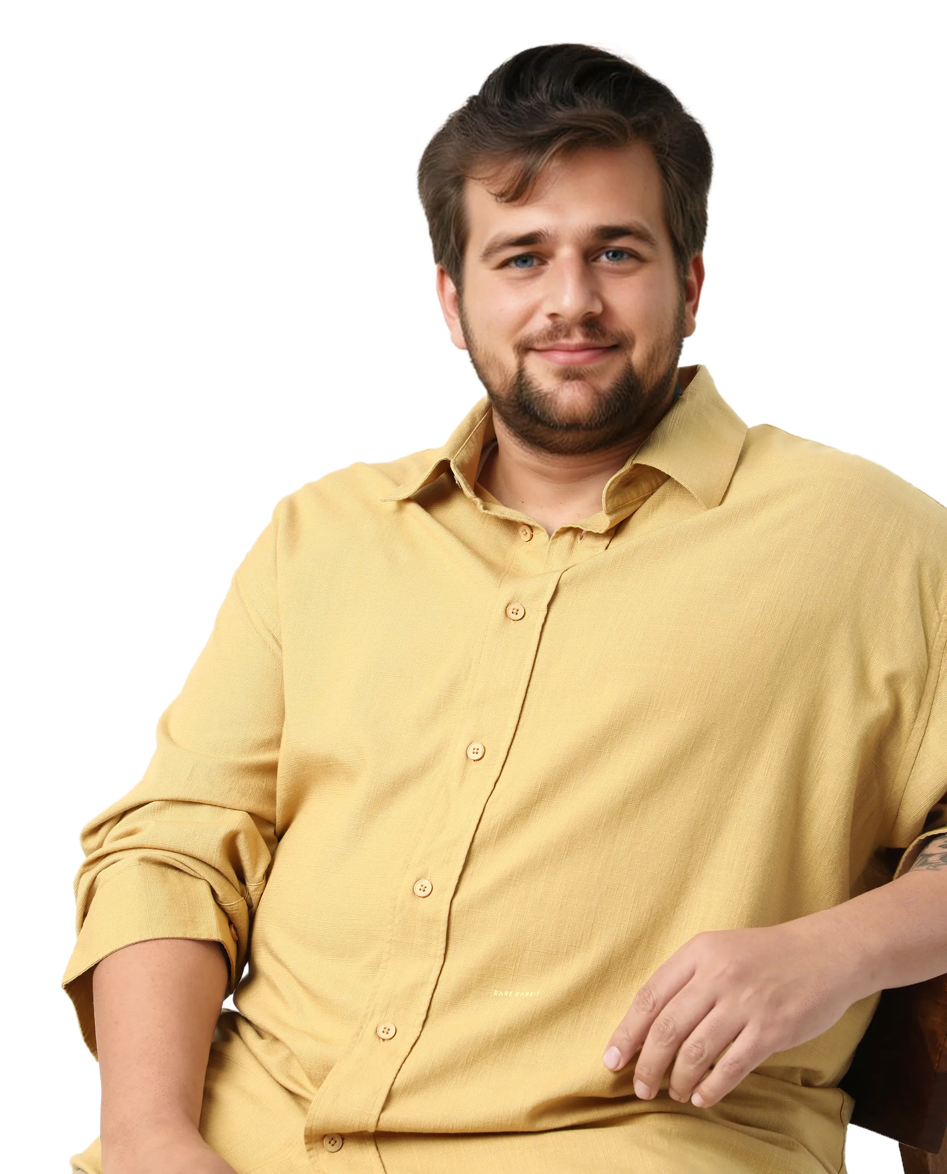Rare Rabbit Men's Royo Big Mustard Cotton Blend Fabric Full Sleeve Spread Collar Button Closure Regular Fit Textured Shirt - Image 3