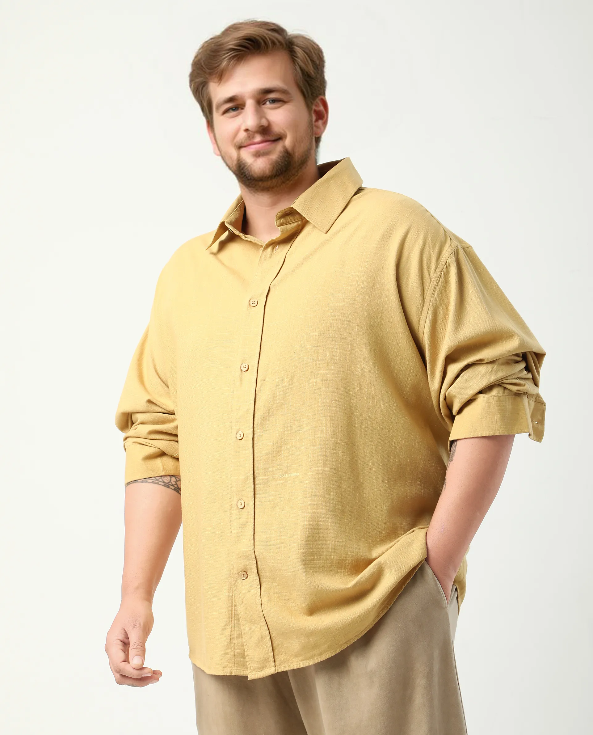 Rare Rabbit Men's Royo Big Mustard Cotton Blend Fabric Full Sleeve Spread Collar Button Closure Regular Fit Textured Shirt - Image 4