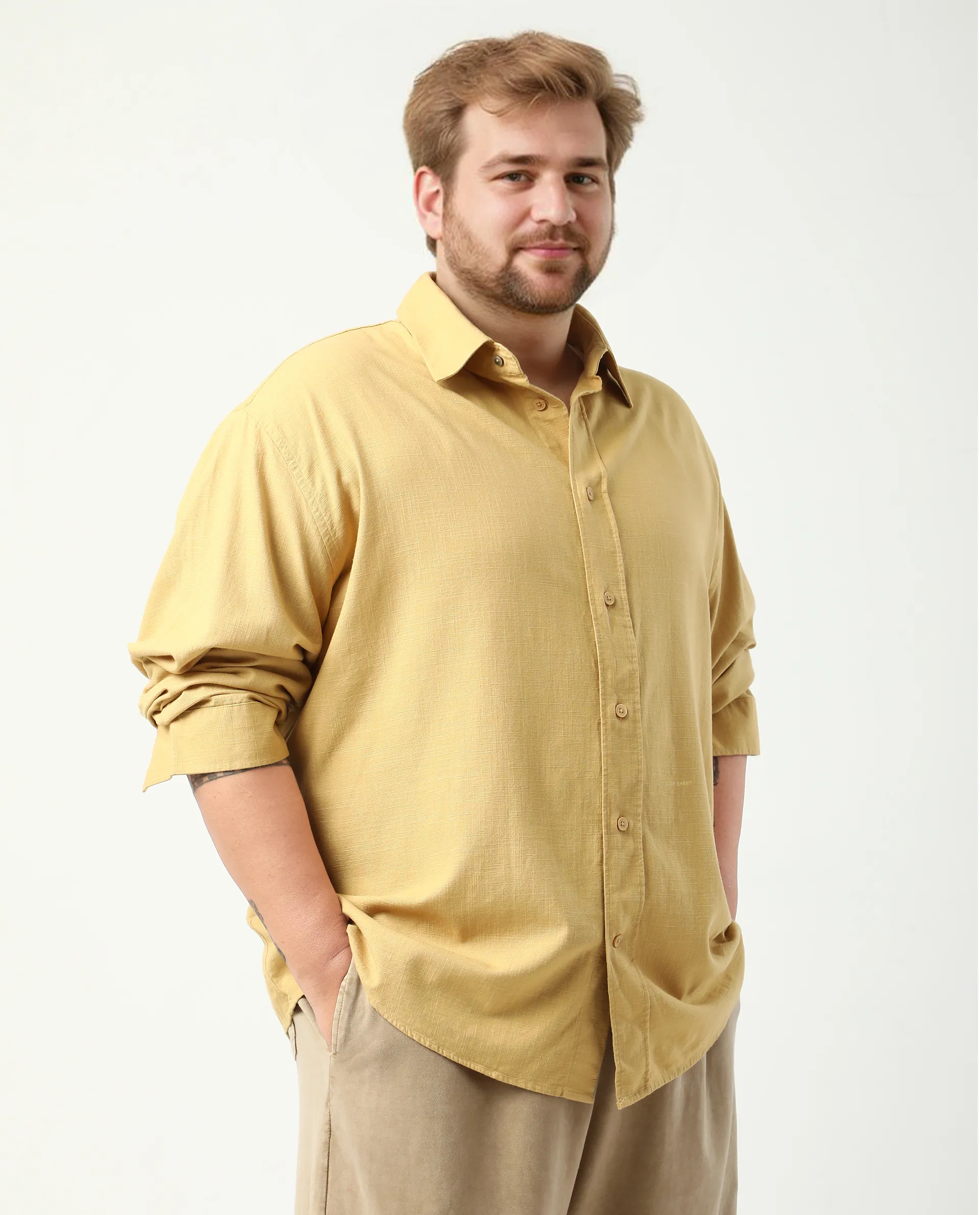 Rare Rabbit Men's Royo Big Mustard Cotton Blend Fabric Full Sleeve Spread Collar Button Closure Regular Fit Textured Shirt - Image 5