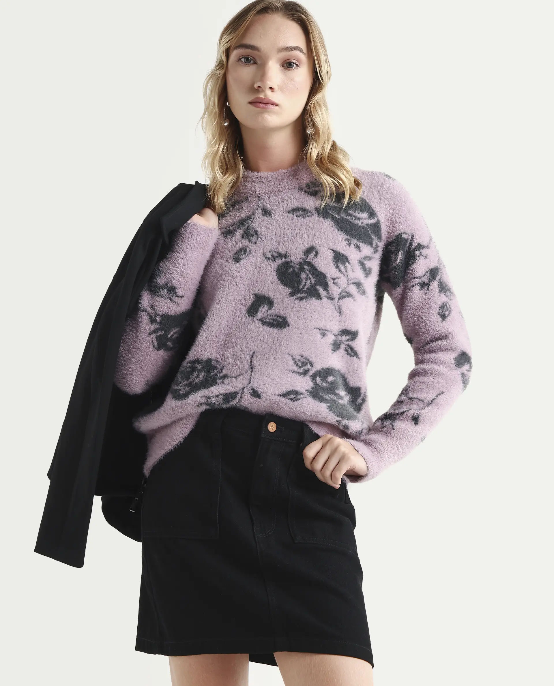 Rareism Women's Rozie Light Pink Nylon Crew Neck Relaxed Fit Sweater