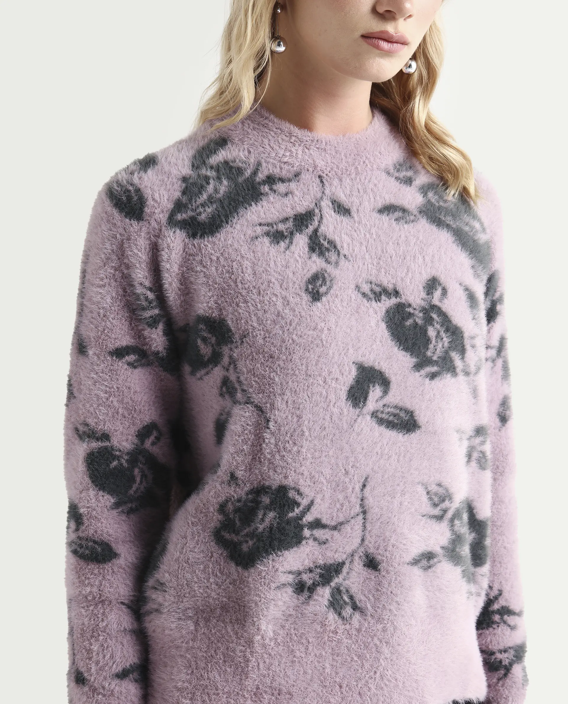 Rareism Women's Rozie Light Pink Nylon Crew Neck Relaxed Fit Sweater - Image 4