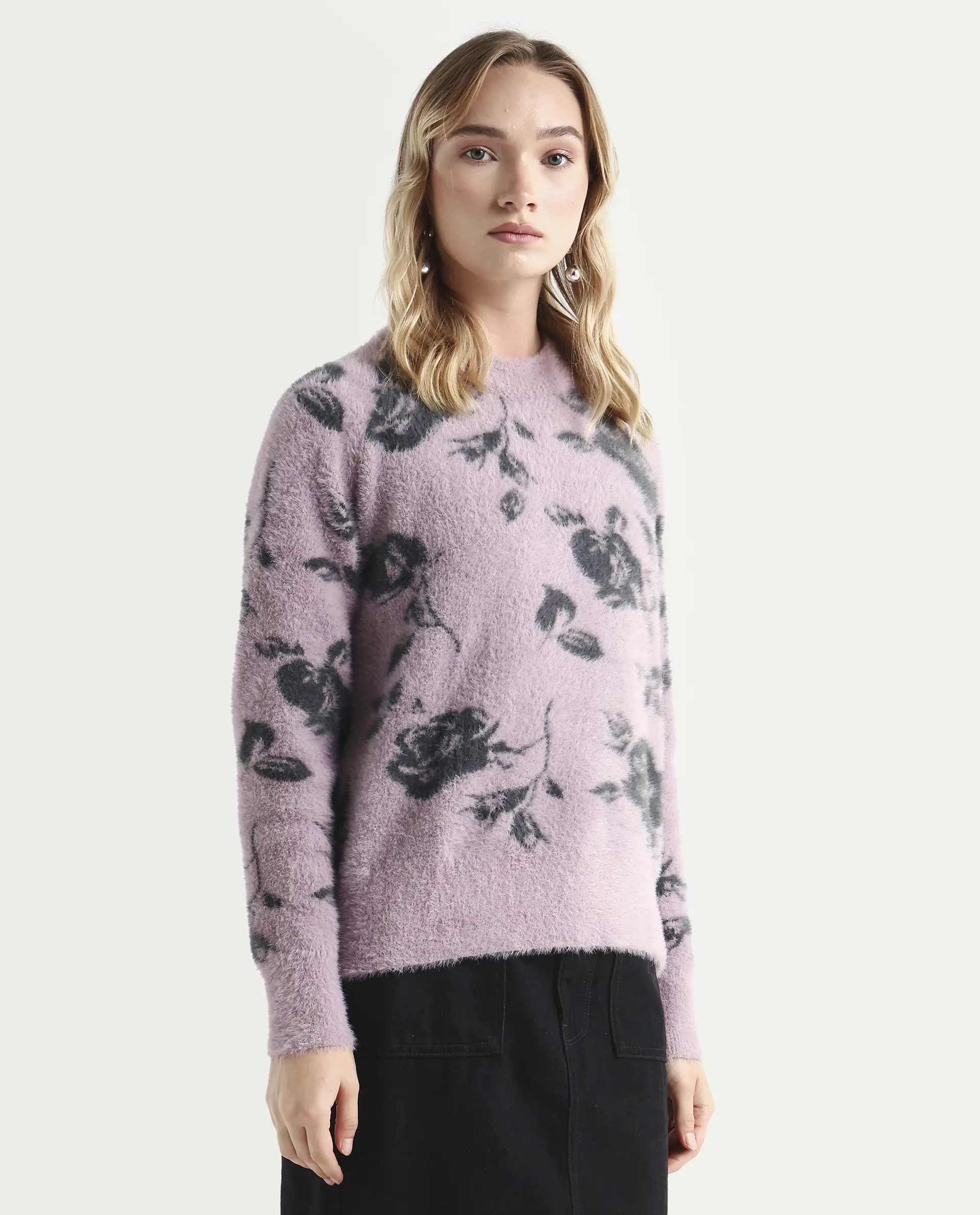 Rareism Women's Rozie Light Pink Nylon Crew Neck Relaxed Fit Sweater - Image 6