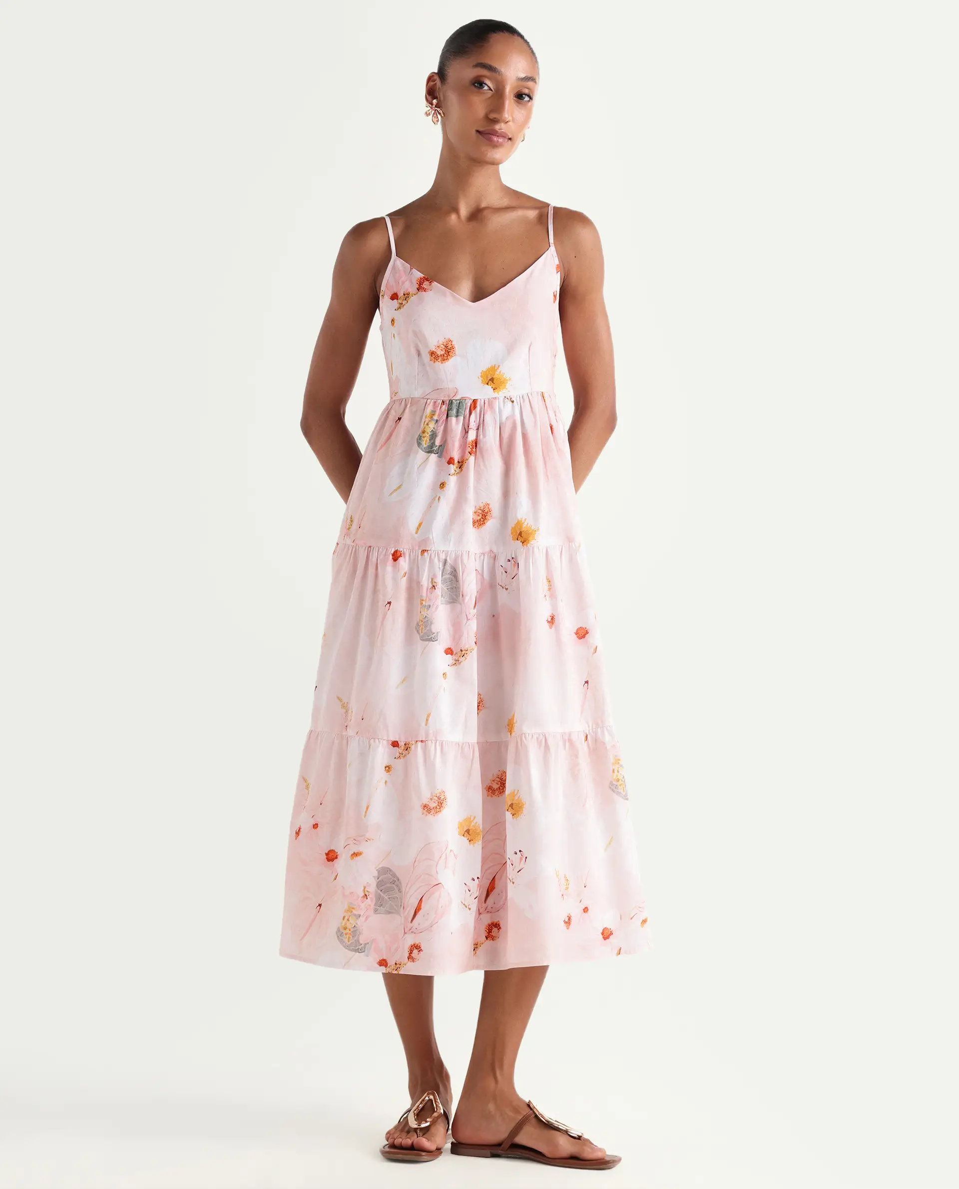 Rareism Women's Ruano Pastel Pink Cotton V-Neck Tiered Botanical Print Dress - Image 2