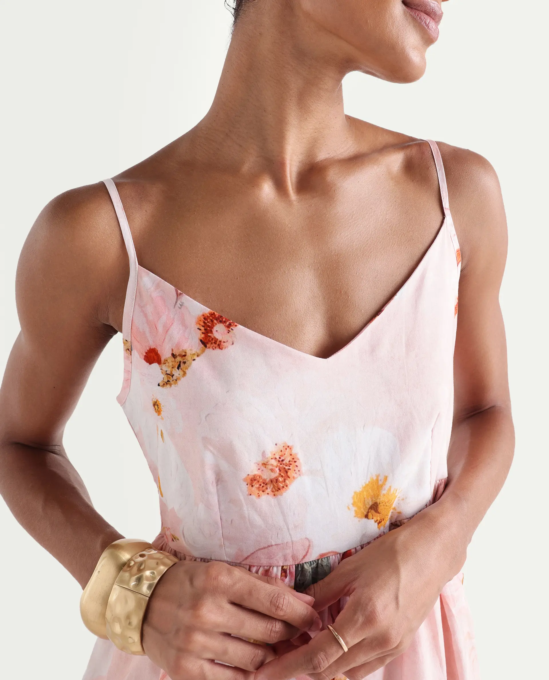 Rareism Women's Ruano Pastel Pink Cotton V-Neck Tiered Botanical Print Dress - Image 3