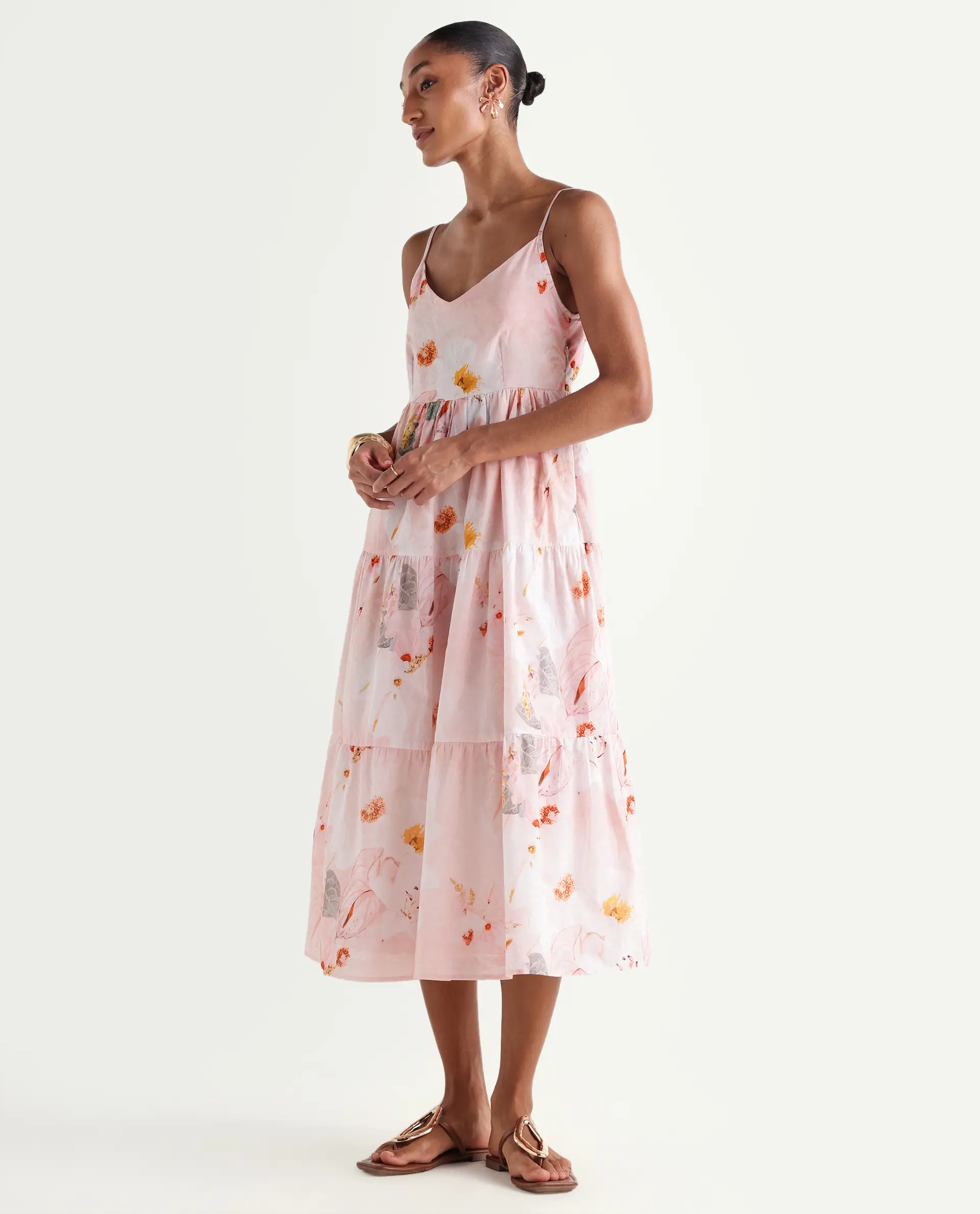 Rareism Women's Ruano Pastel Pink Cotton V-Neck Tiered Botanical Print Dress - Image 4