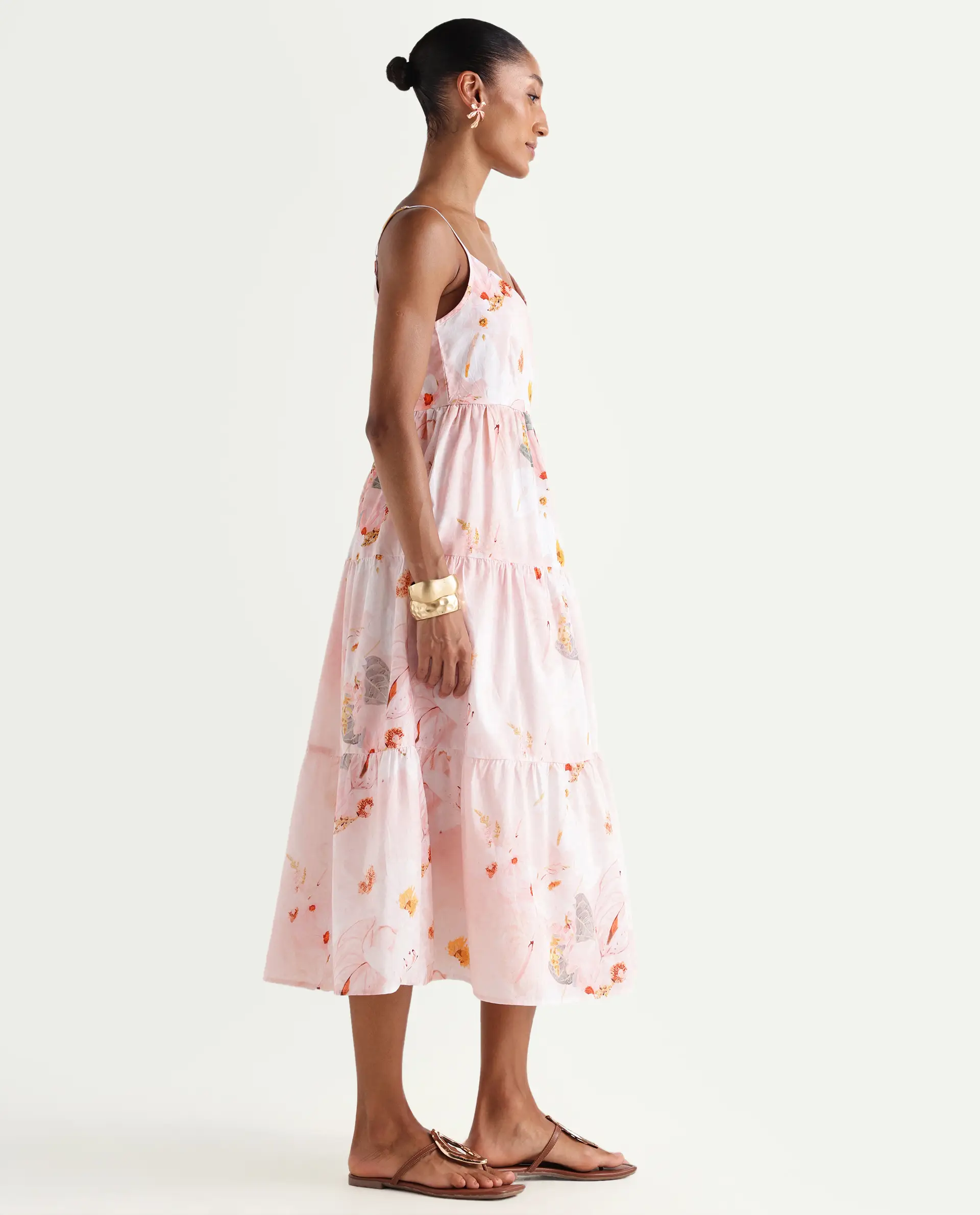 Rareism Women's Ruano Pastel Pink Cotton V-Neck Tiered Botanical Print Dress - Image 5