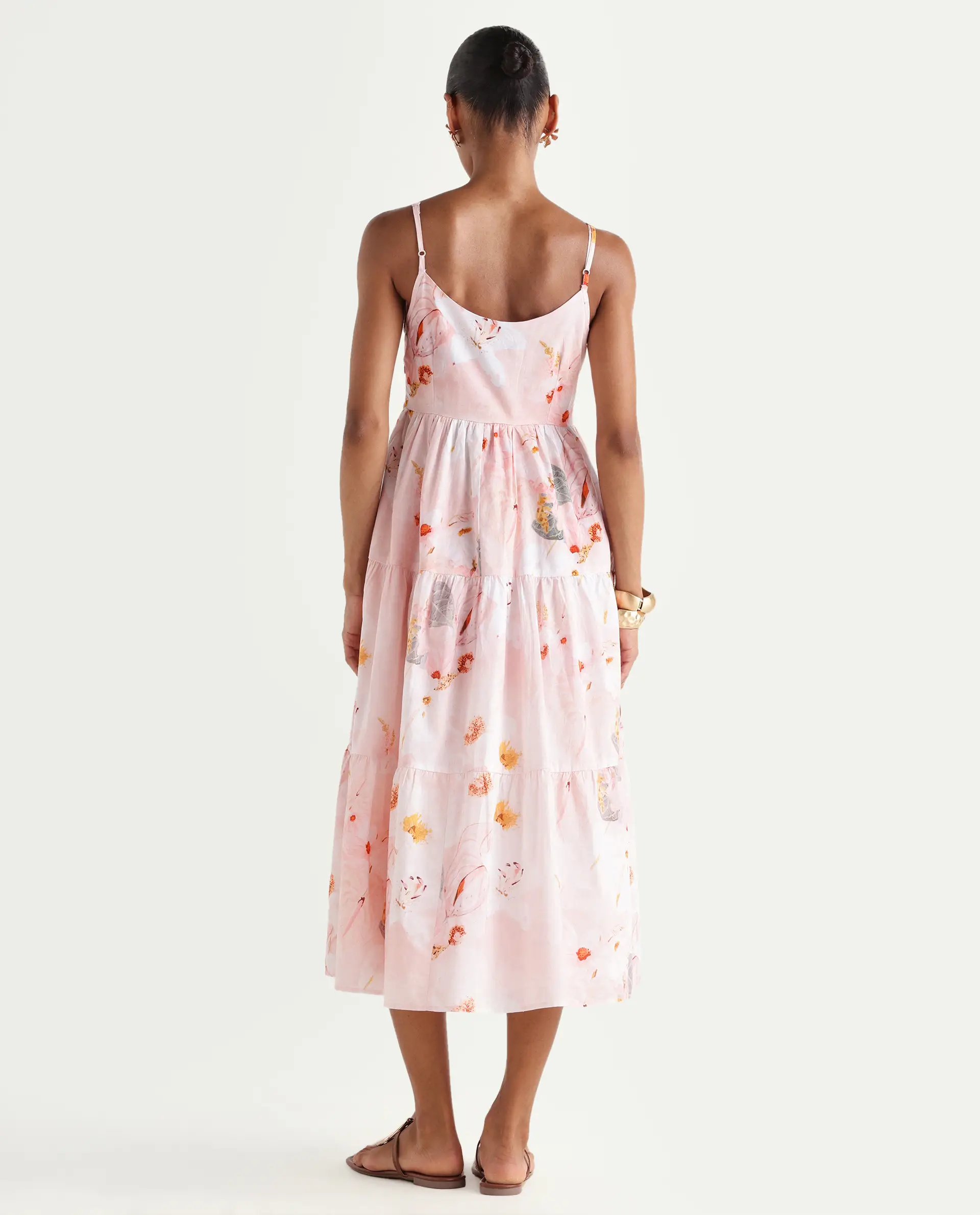 Rareism Women's Ruano Pastel Pink Cotton V-Neck Tiered Botanical Print Dress - Image 6