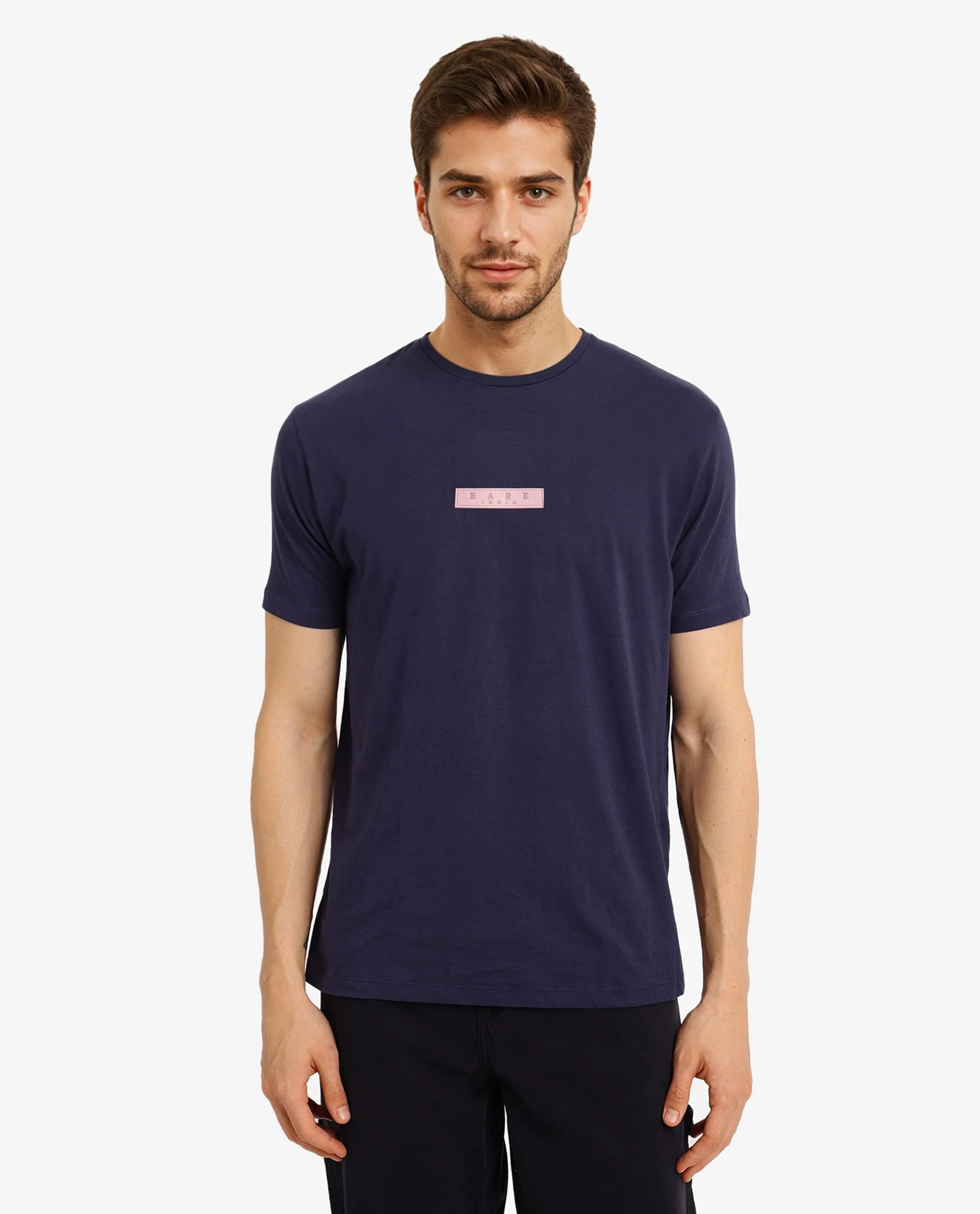 Rare Rabbit Men's Rubber Navy Cotton Plain Slim Fit Half Sleeve Crew Neck T-Shirt - Image 3