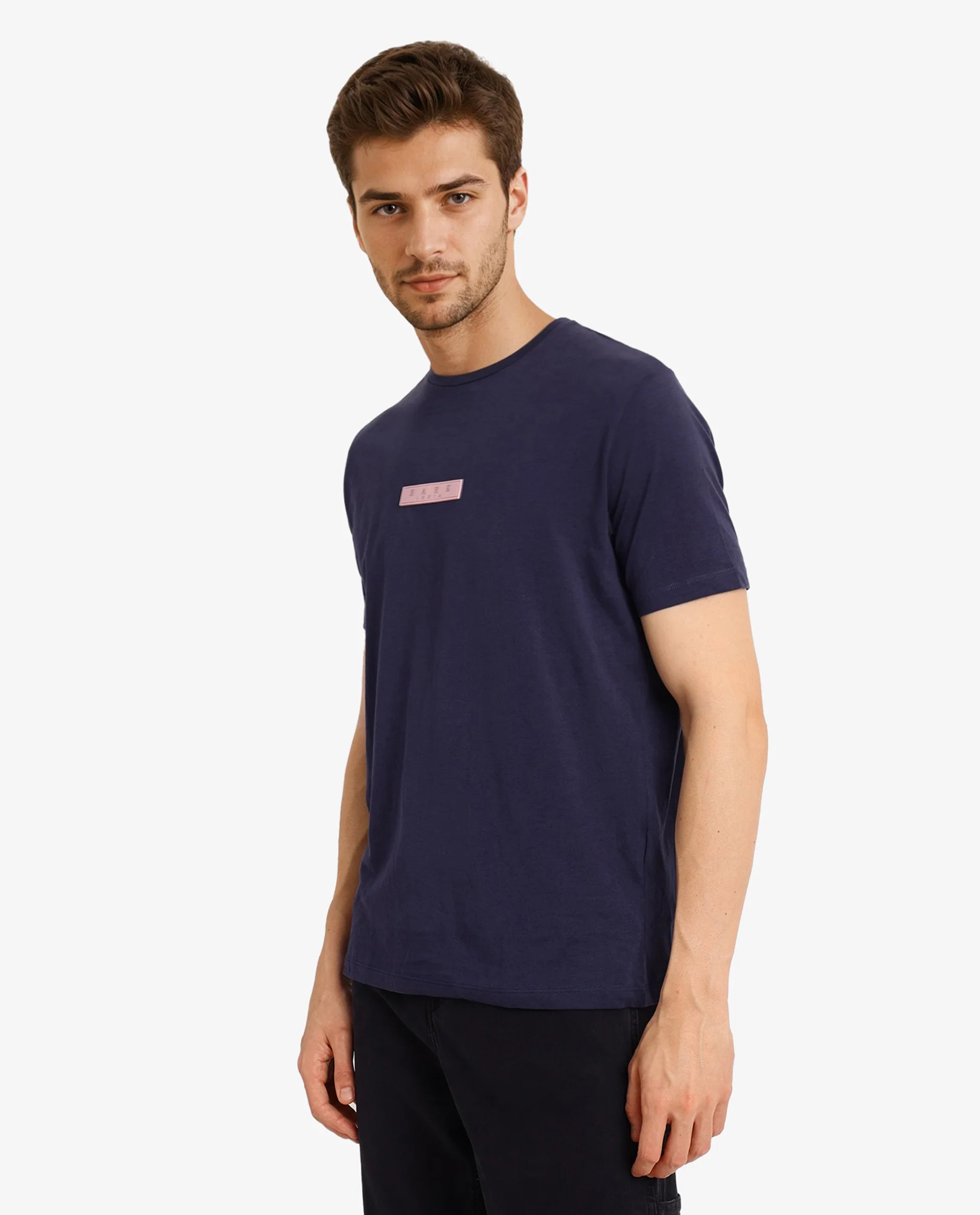 Rare Rabbit Men's Rubber Navy Cotton Plain Slim Fit Half Sleeve Crew Neck T-Shirt - Image 4