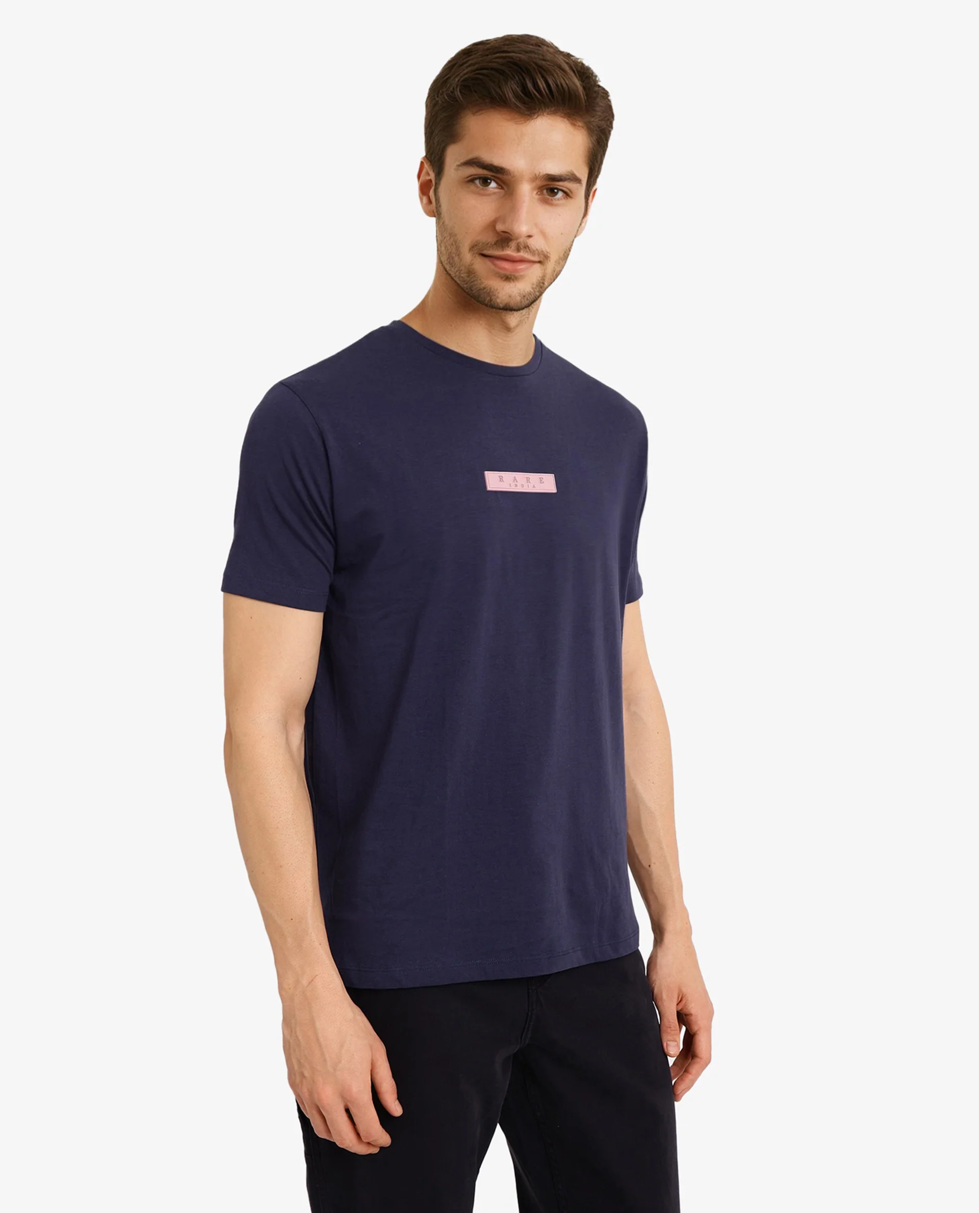 Rare Rabbit Men's Rubber Navy Cotton Plain Slim Fit Half Sleeve Crew Neck T-Shirt - Image 5