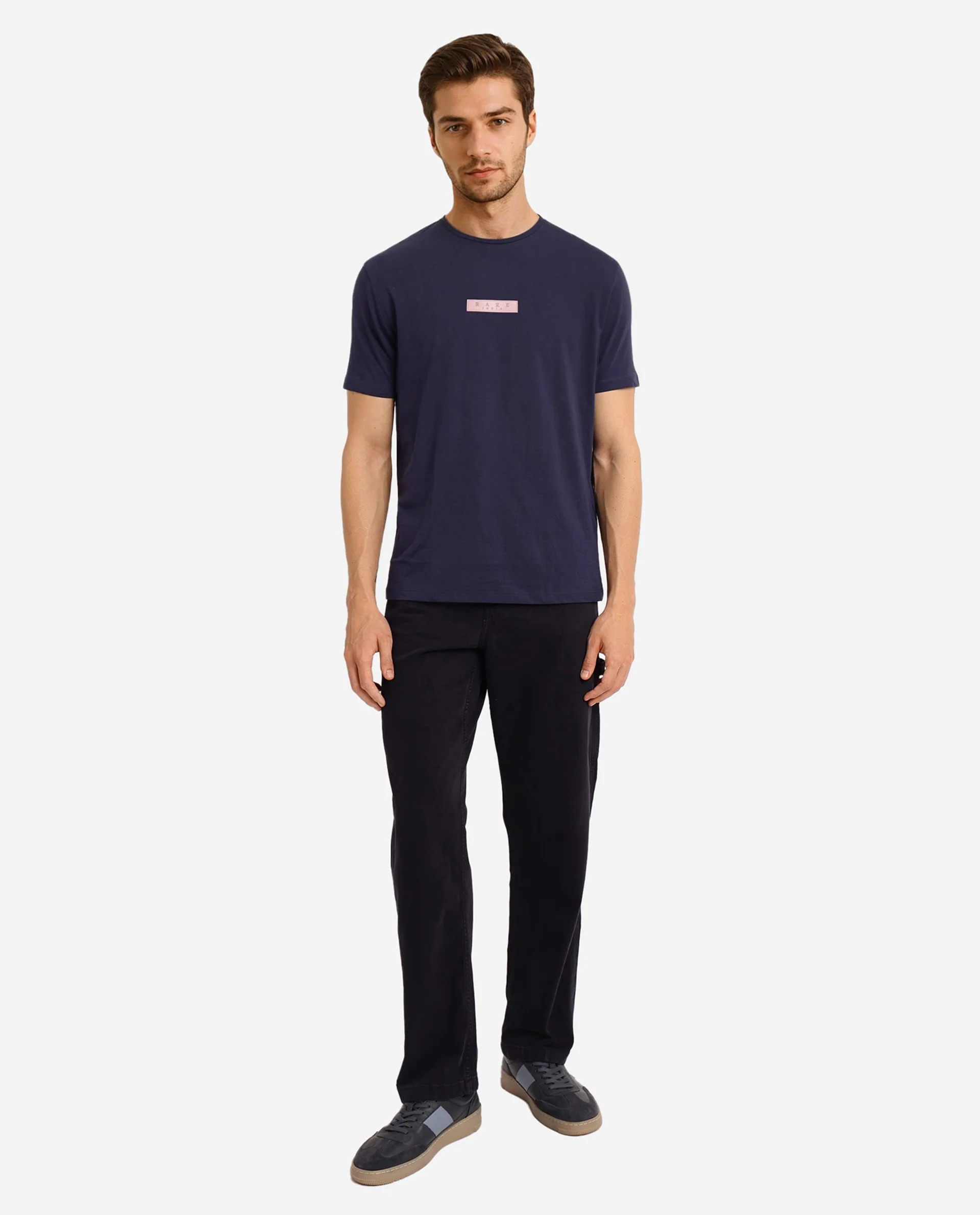 Rare Rabbit Men's Rubber Navy Cotton Plain Slim Fit Half Sleeve Crew Neck T-Shirt - Image 6
