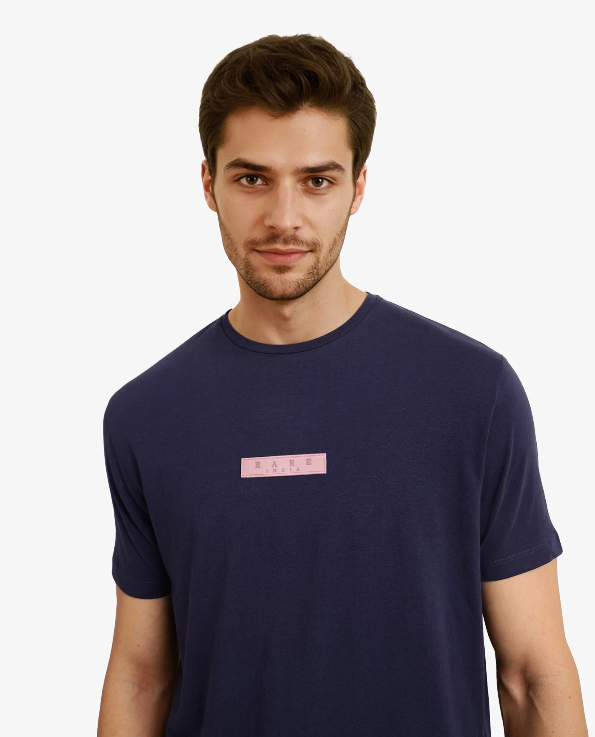 Rare Rabbit Men's Rubber Navy Cotton Plain Slim Fit Half Sleeve Crew Neck T-Shirt - Image 7