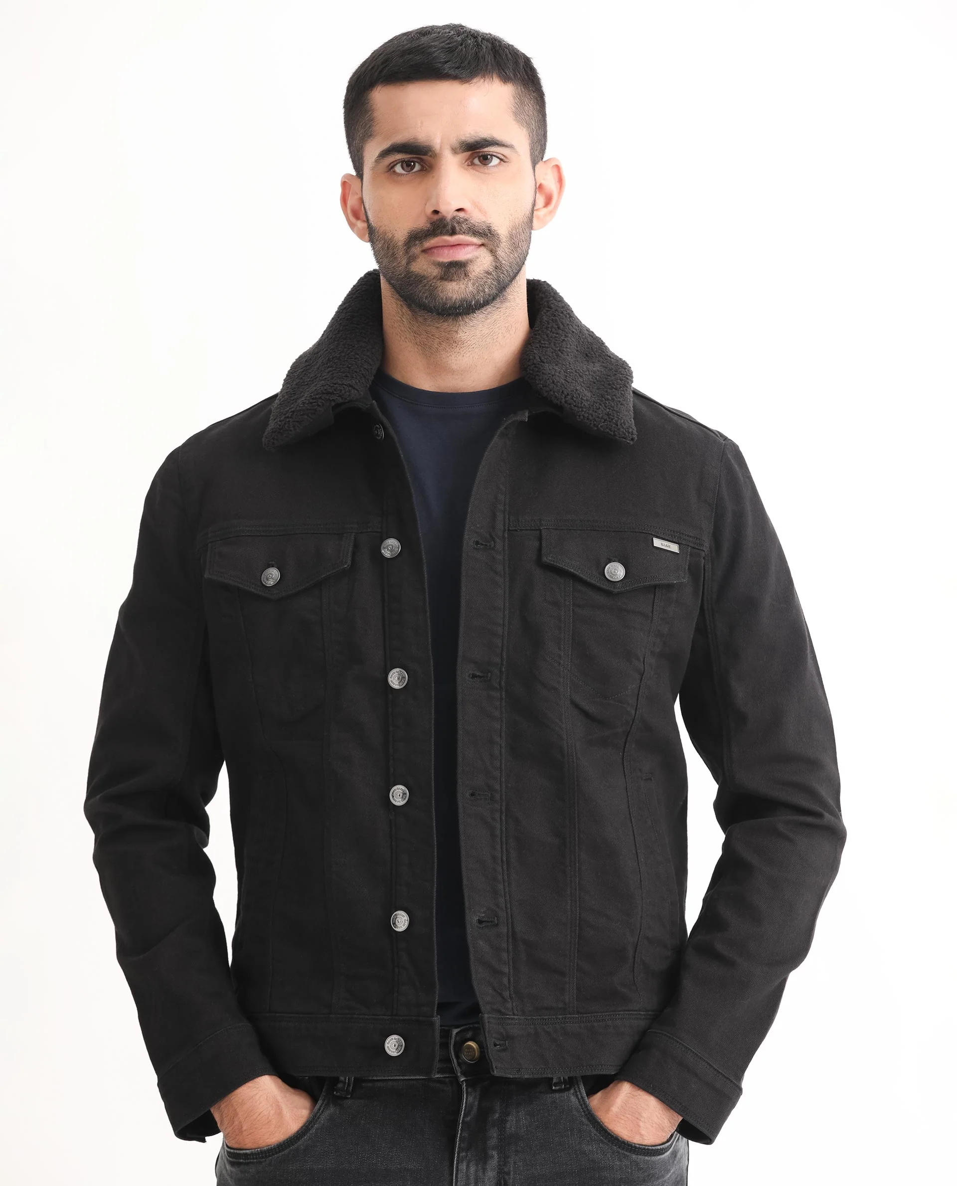Rare Rabbit Men's Rubik Black Cotton Plain Regular Fit Full Sleeve Spread Collar Jacket - Image 2