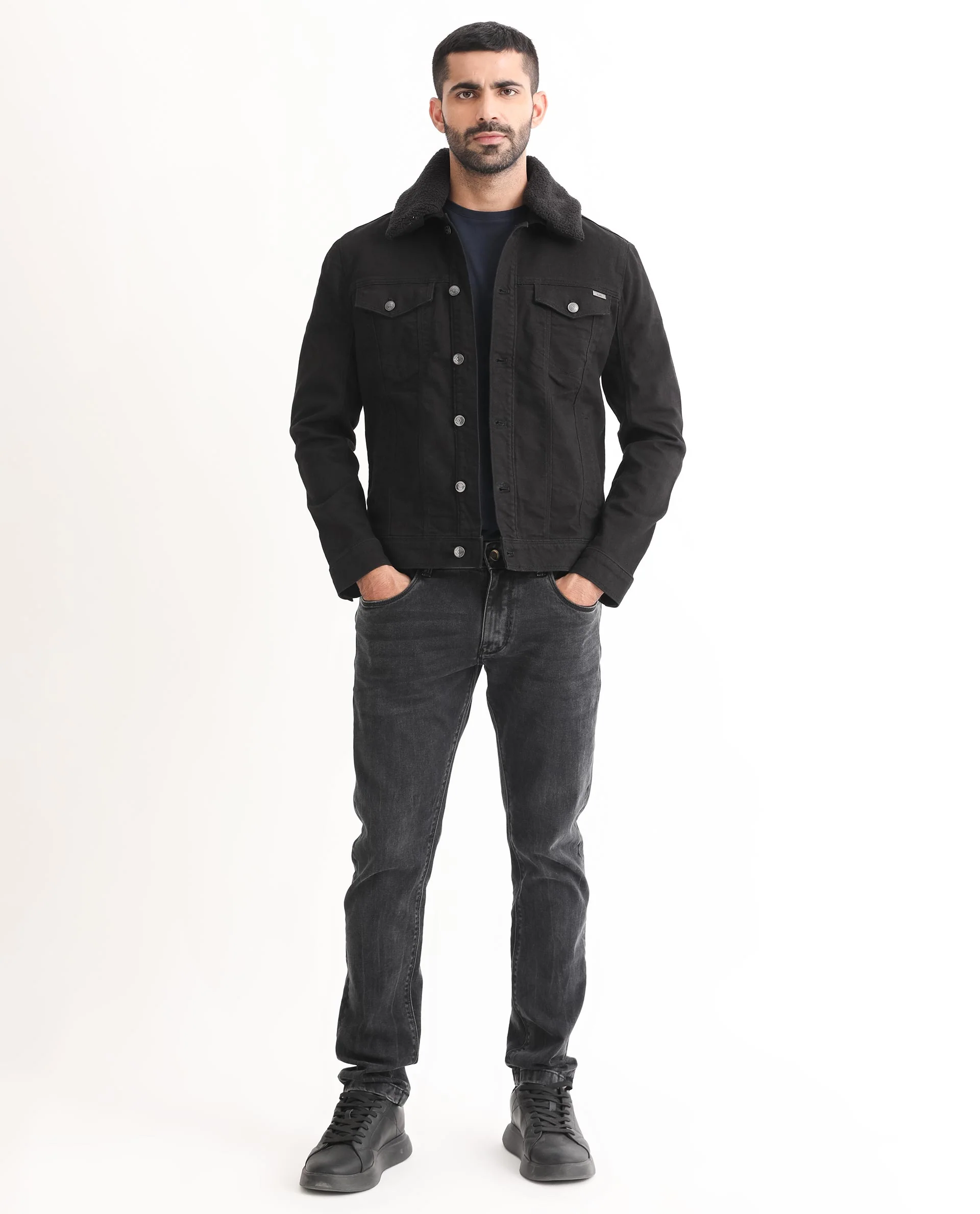 Rare Rabbit Men's Rubik Black Cotton Plain Regular Fit Full Sleeve Spread Collar Jacket - Image 3