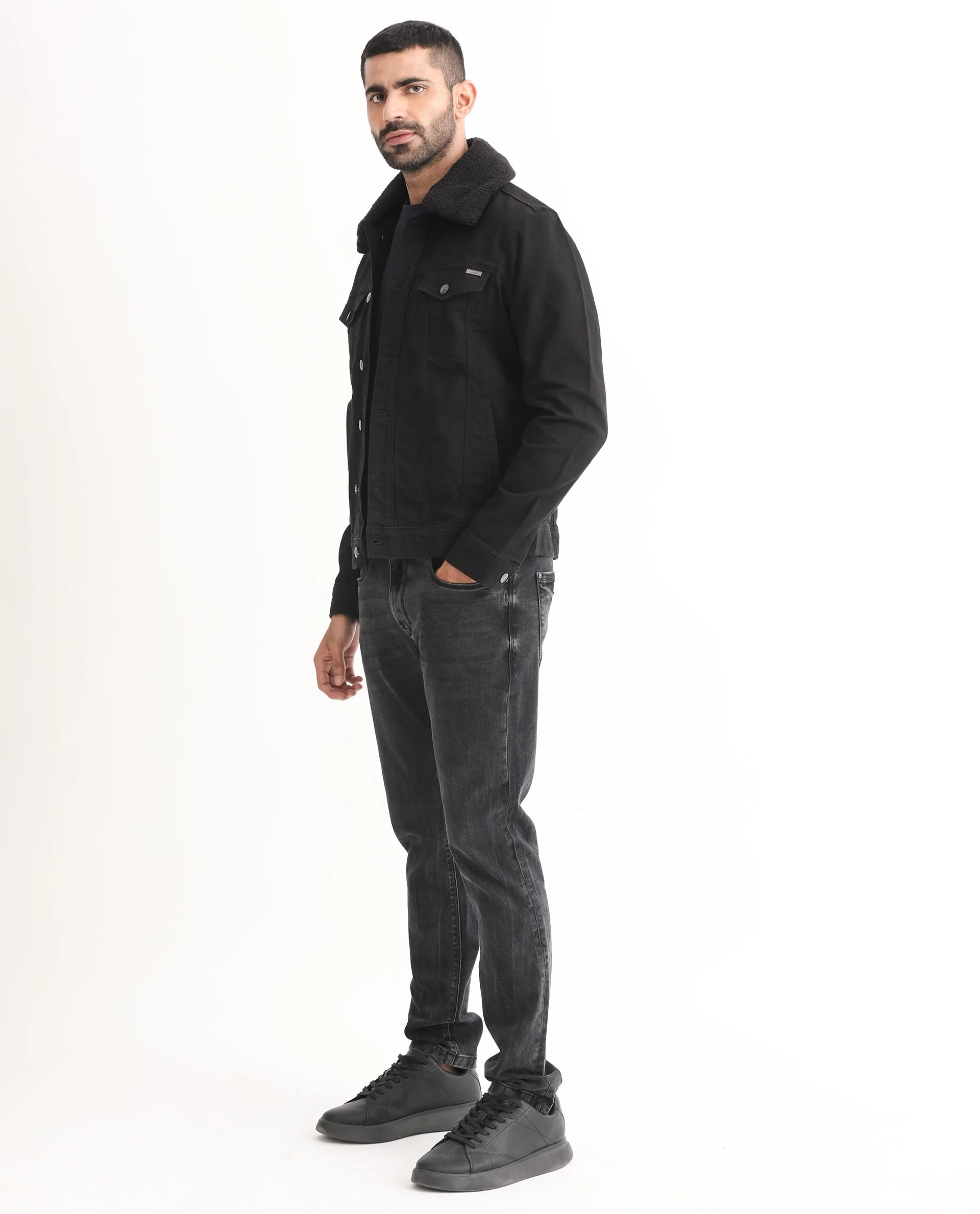Rare Rabbit Men's Rubik Black Cotton Plain Regular Fit Full Sleeve Spread Collar Jacket - Image 4