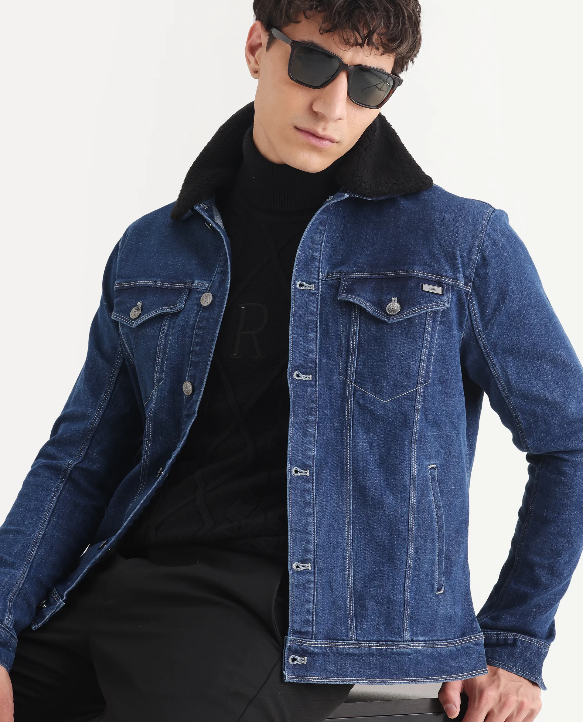 Rare Rabbit Men's Rubik Dark Blue Cotton Plain Regular Fit Full Sleeve Spread Collar Jacket