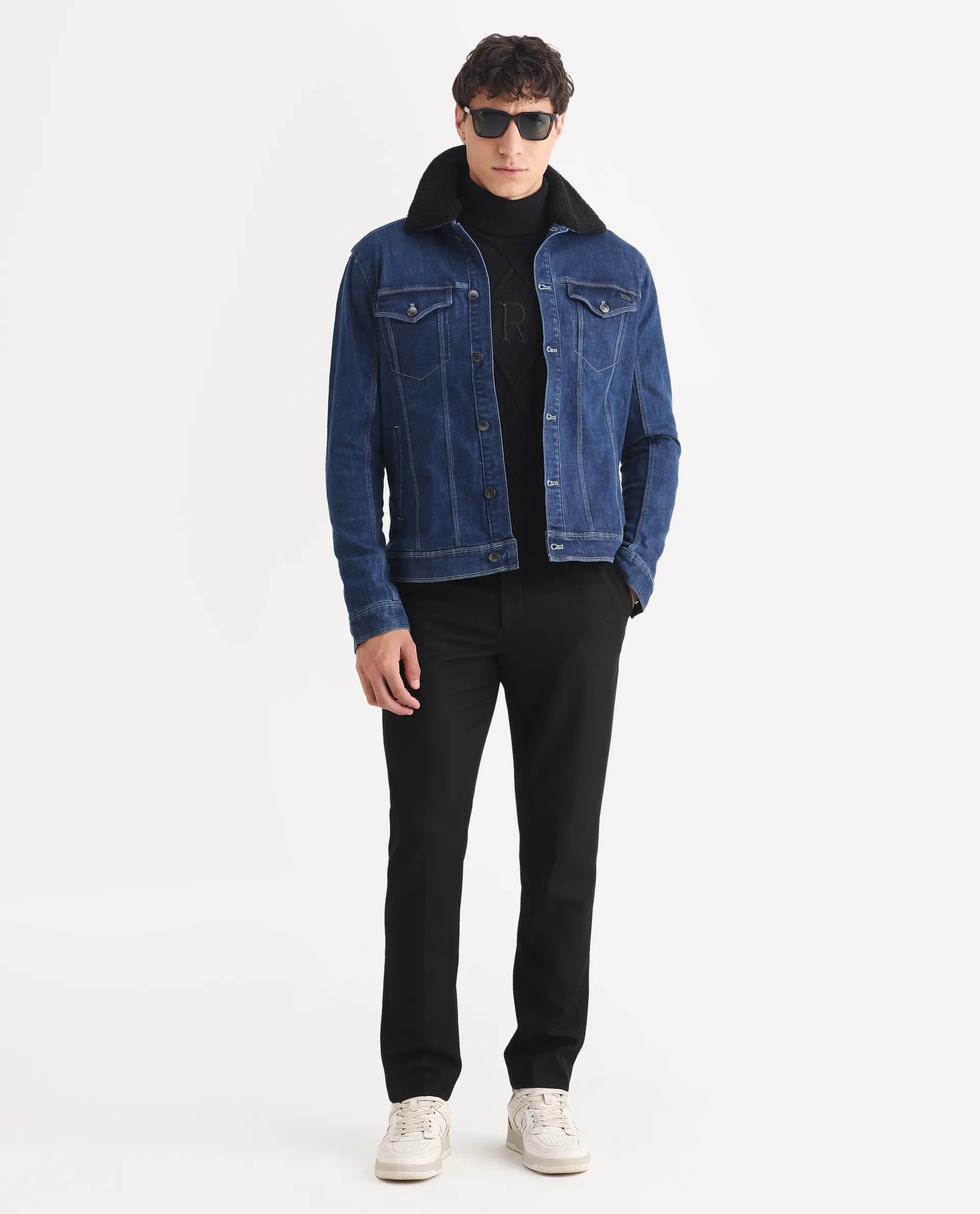 Rare Rabbit Men's Rubik Dark Blue Cotton Plain Regular Fit Full Sleeve Spread Collar Jacket - Image 2
