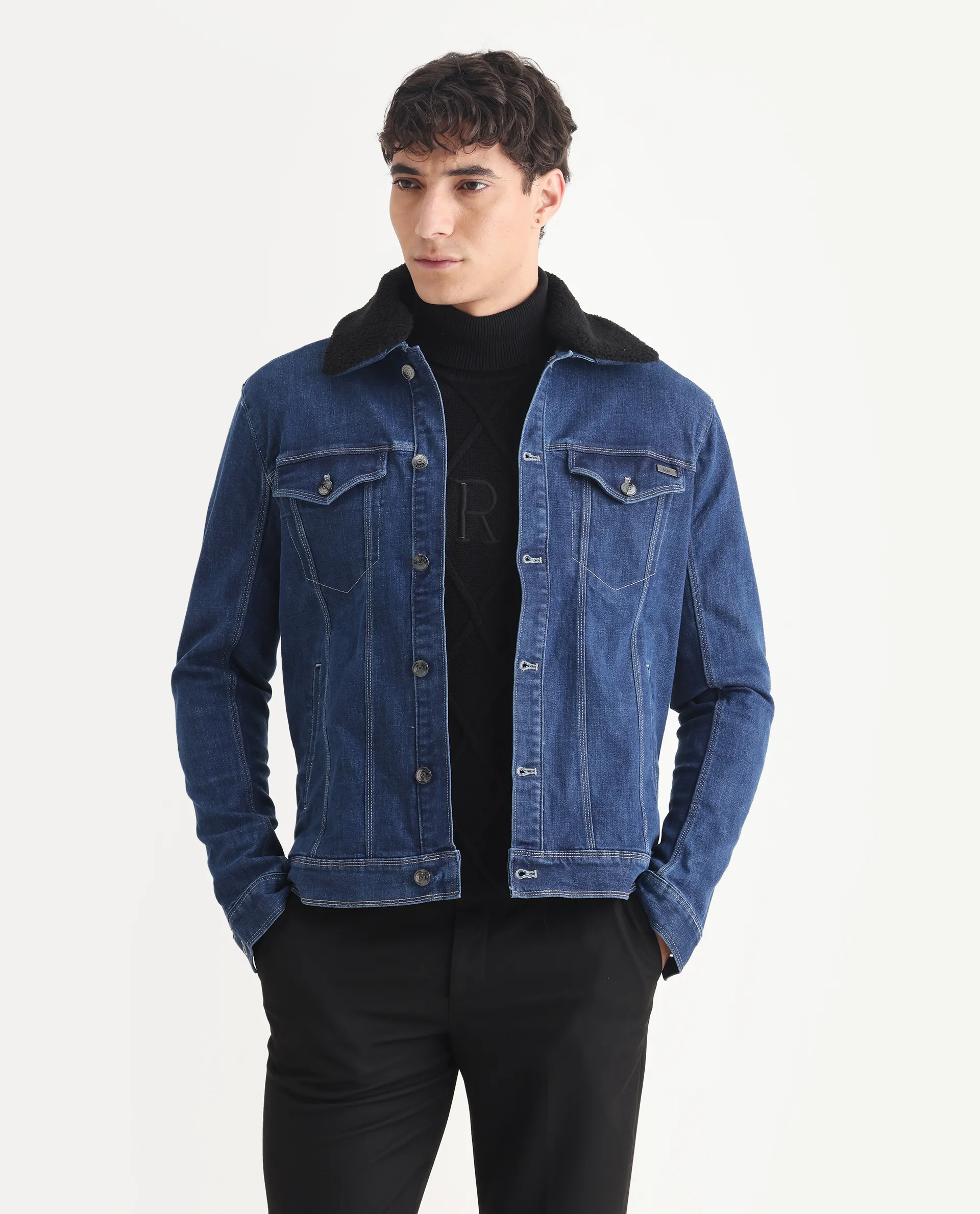Rare Rabbit Men's Rubik Dark Blue Cotton Plain Regular Fit Full Sleeve Spread Collar Jacket - Image 3