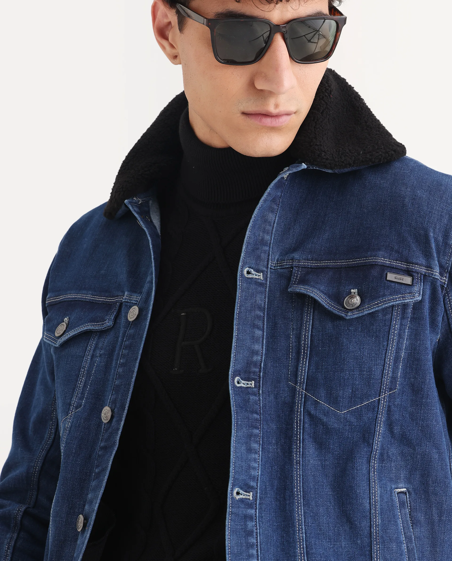 Rare Rabbit Men's Rubik Dark Blue Cotton Plain Regular Fit Full Sleeve Spread Collar Jacket - Image 4