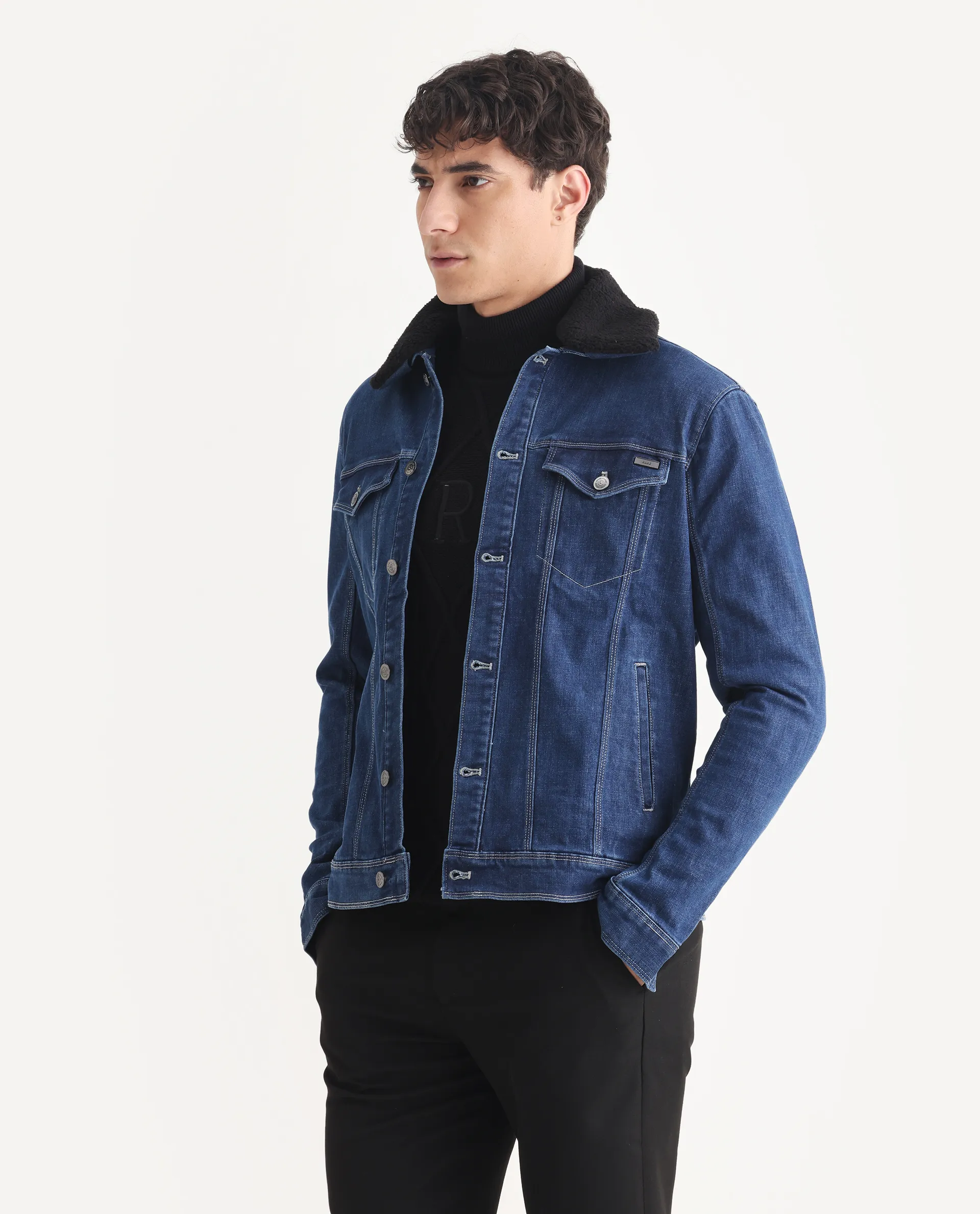 Rare Rabbit Men's Rubik Dark Blue Cotton Plain Regular Fit Full Sleeve Spread Collar Jacket - Image 5