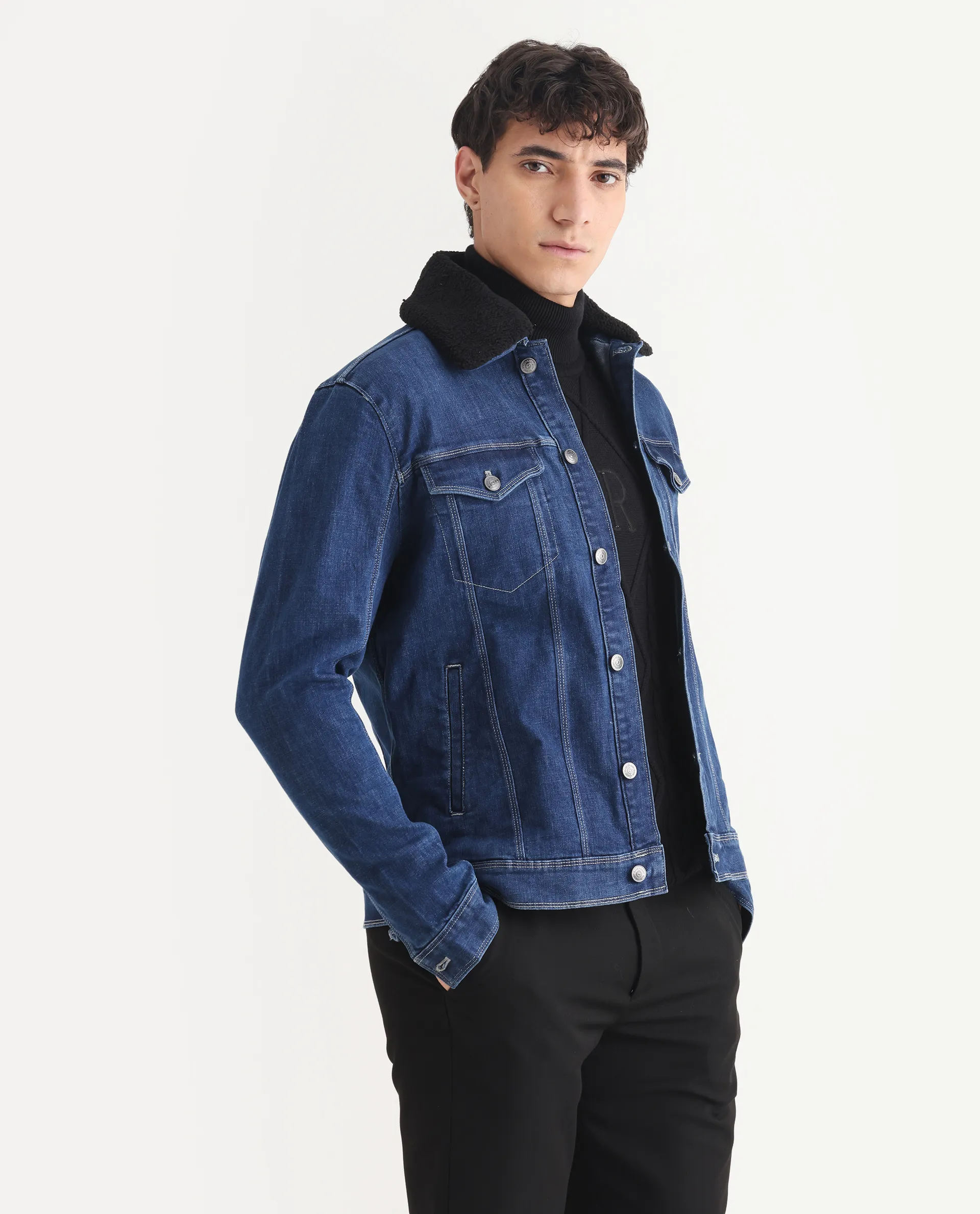 Rare Rabbit Men's Rubik Dark Blue Cotton Plain Regular Fit Full Sleeve Spread Collar Jacket - Image 6