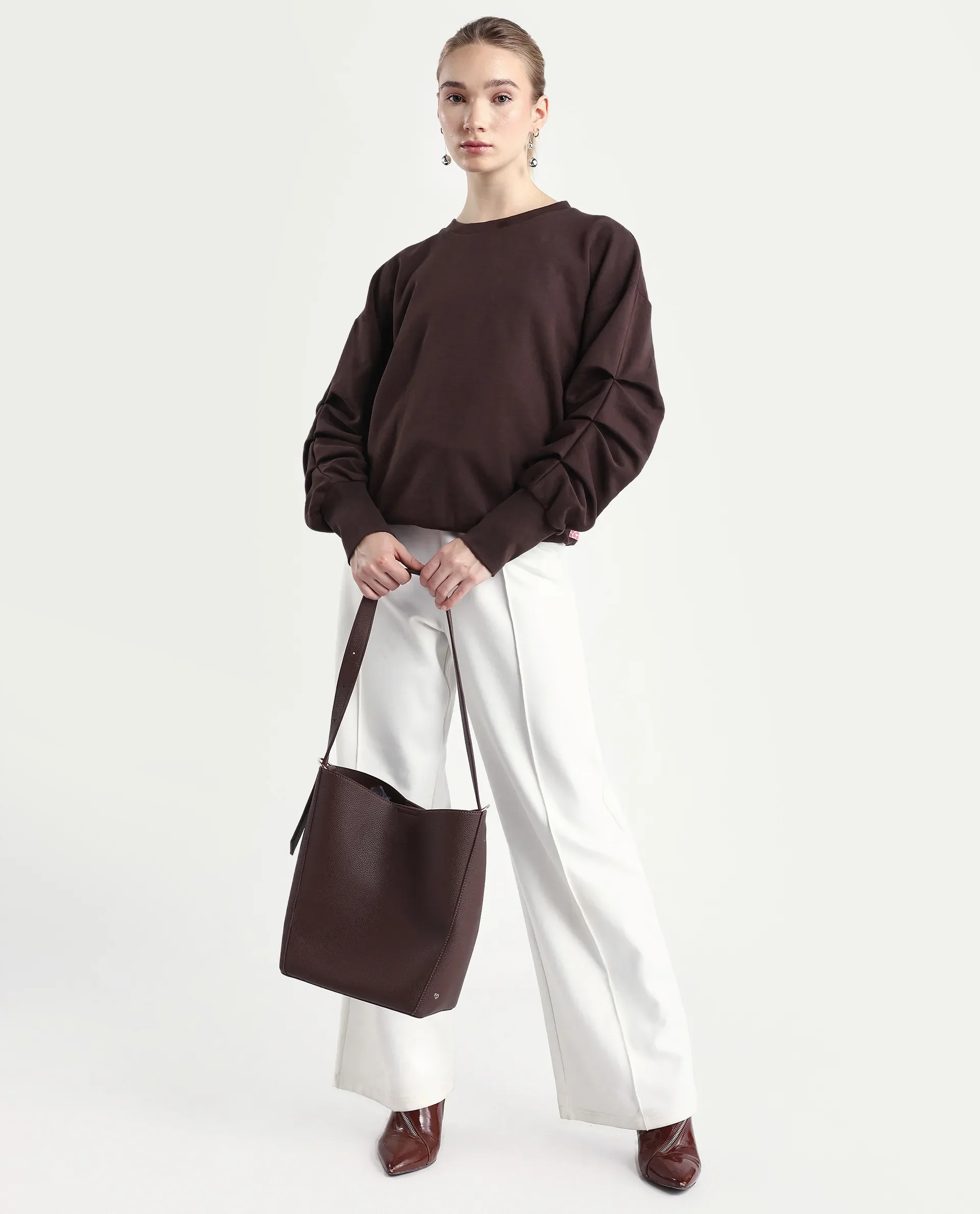 Rareism Women's Ruch Brown Cotton Blend Crew Neck Plain Hip Length Relaxed Fit Sweatshirt - Image 2