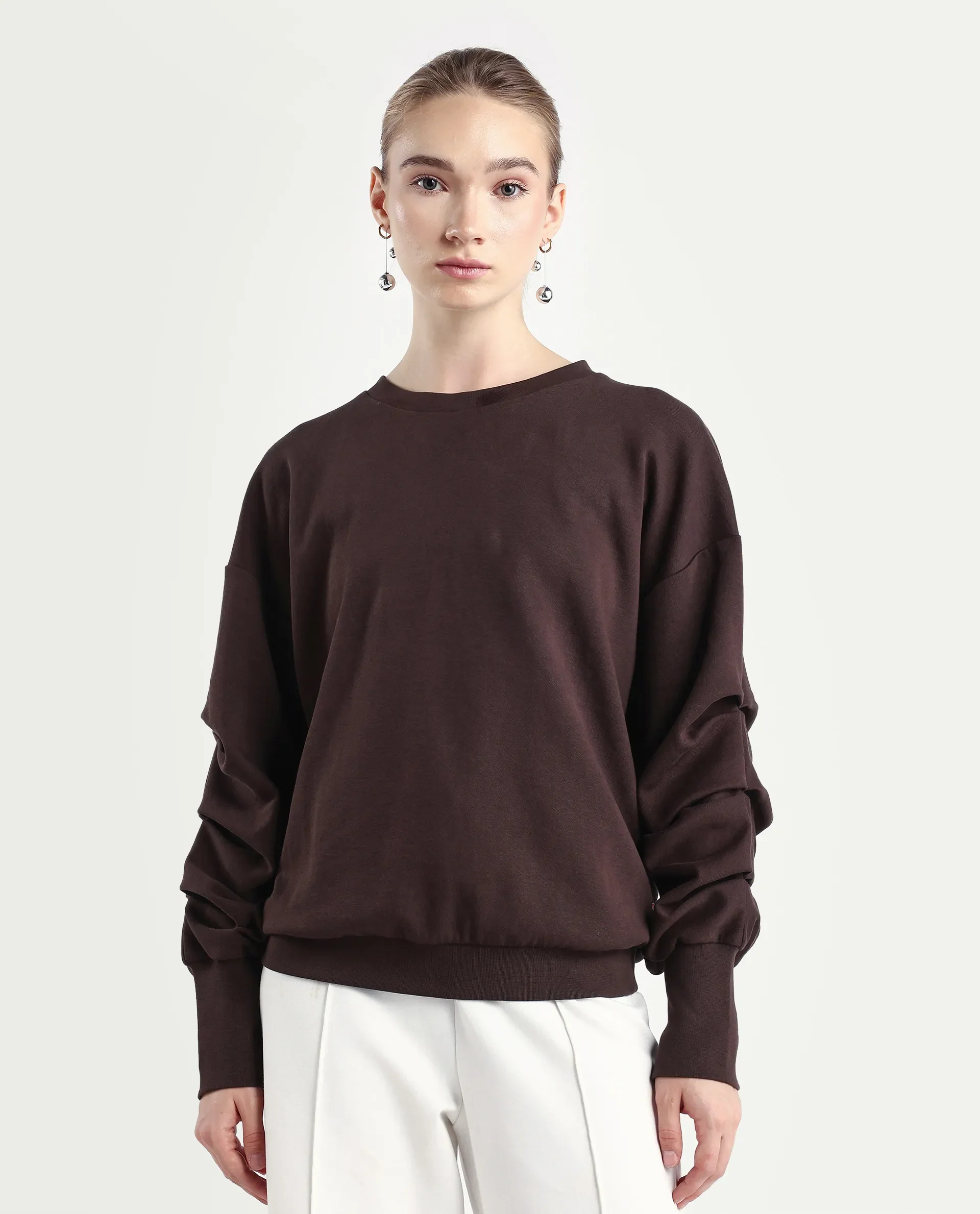 Rareism Women's Ruch Brown Cotton Blend Crew Neck Plain Hip Length Relaxed Fit Sweatshirt - Image 3