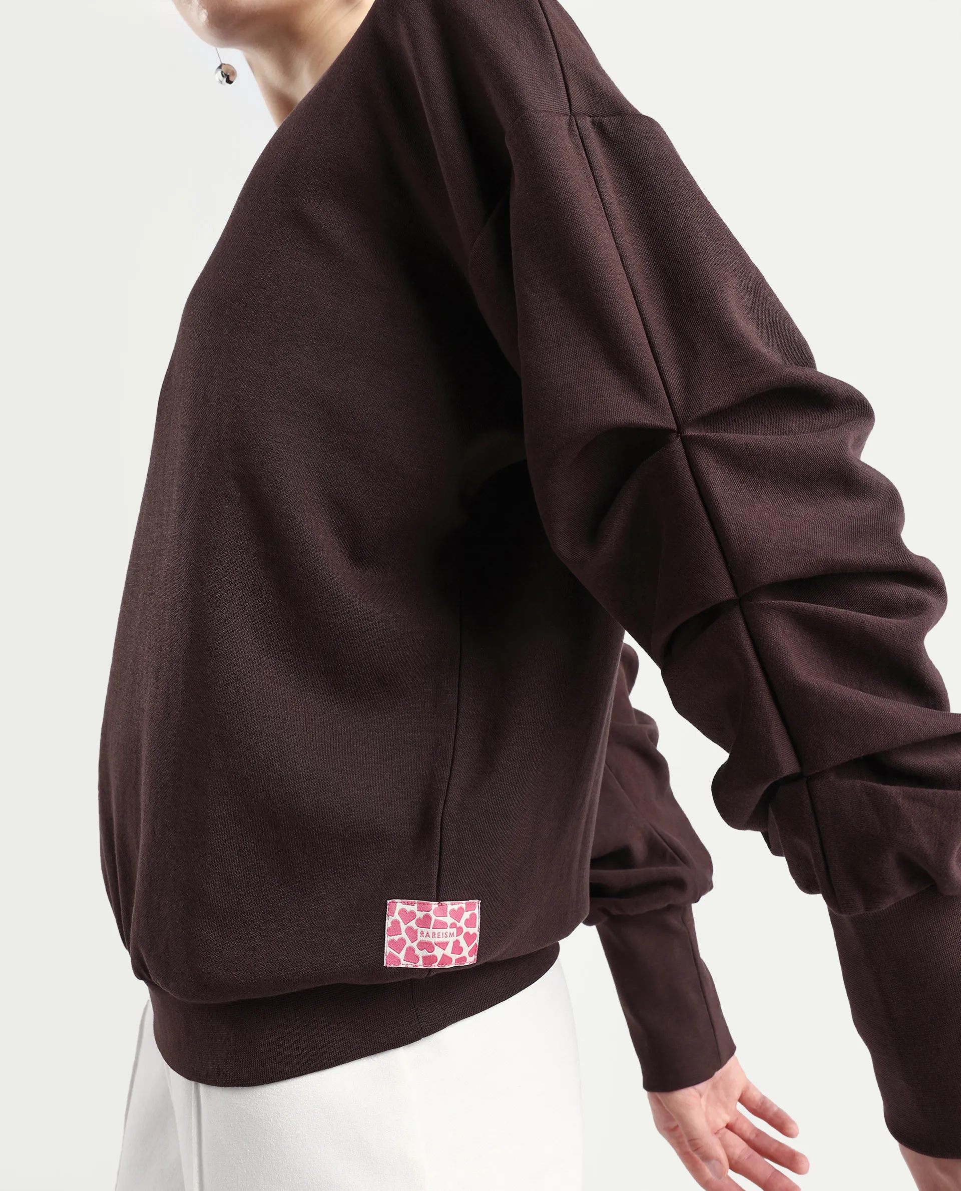 Rareism Women's Ruch Brown Cotton Blend Crew Neck Plain Hip Length Relaxed Fit Sweatshirt - Image 4