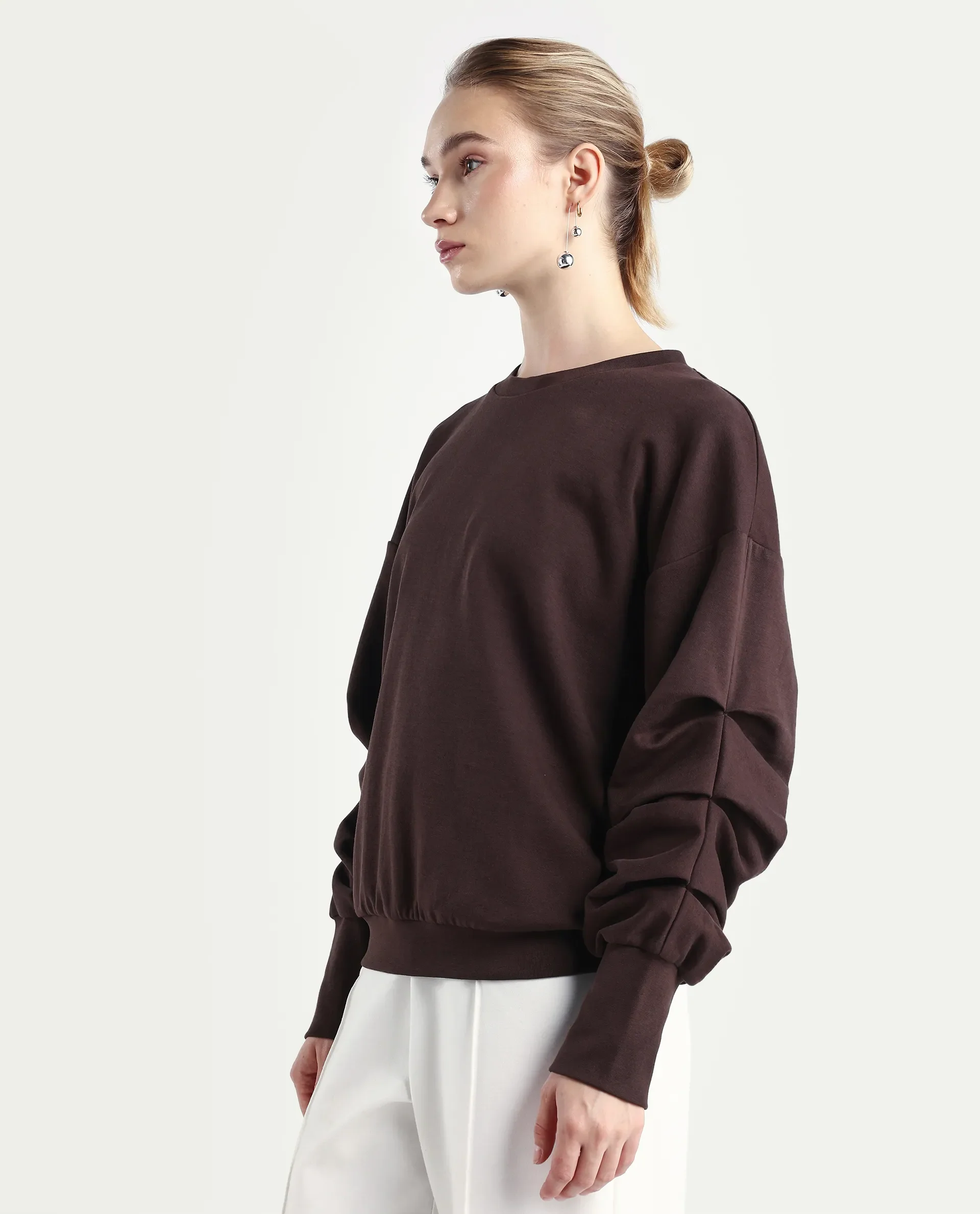 Rareism Women's Ruch Brown Cotton Blend Crew Neck Plain Hip Length Relaxed Fit Sweatshirt - Image 5