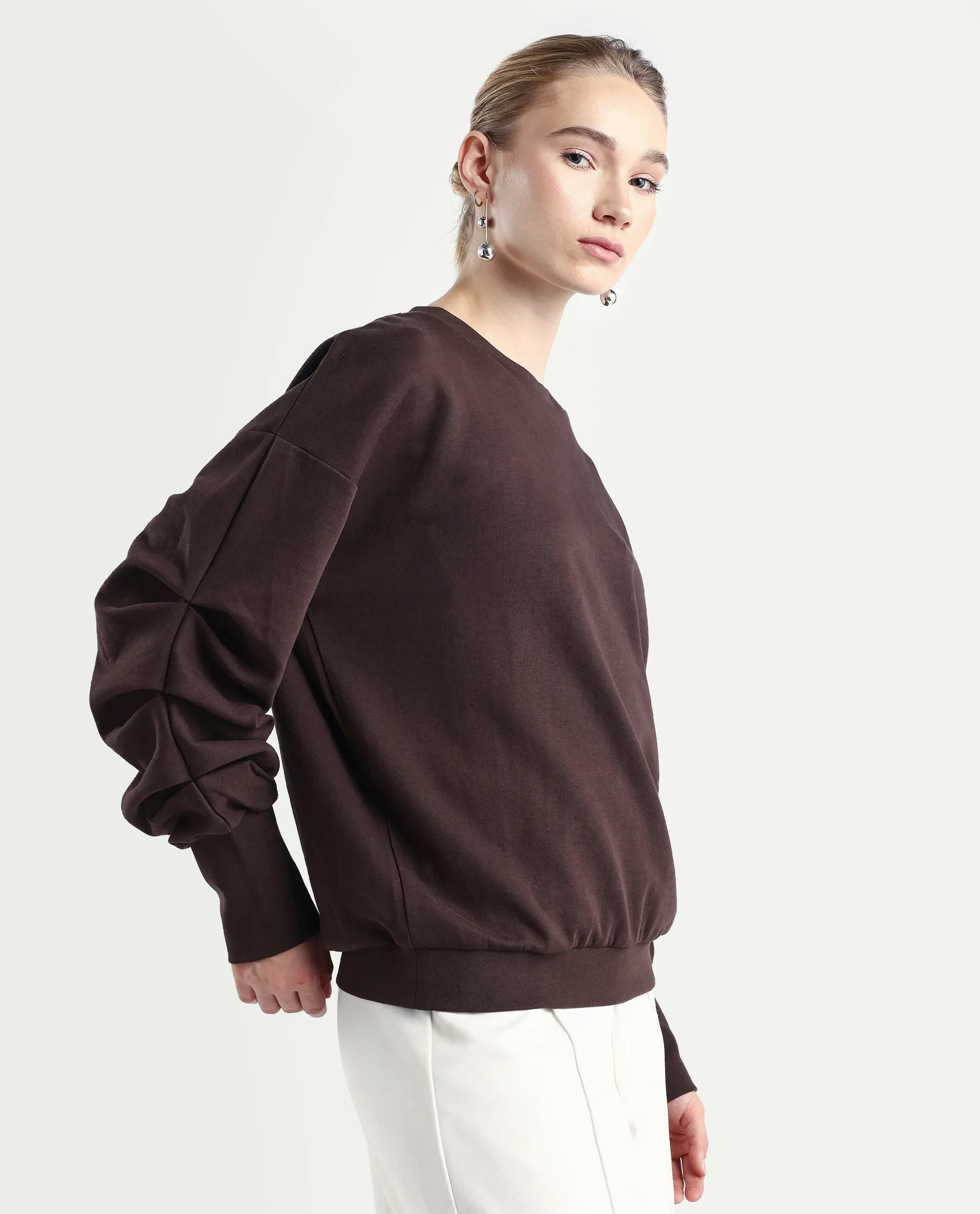 Rareism Women's Ruch Brown Cotton Blend Crew Neck Plain Hip Length Relaxed Fit Sweatshirt - Image 6