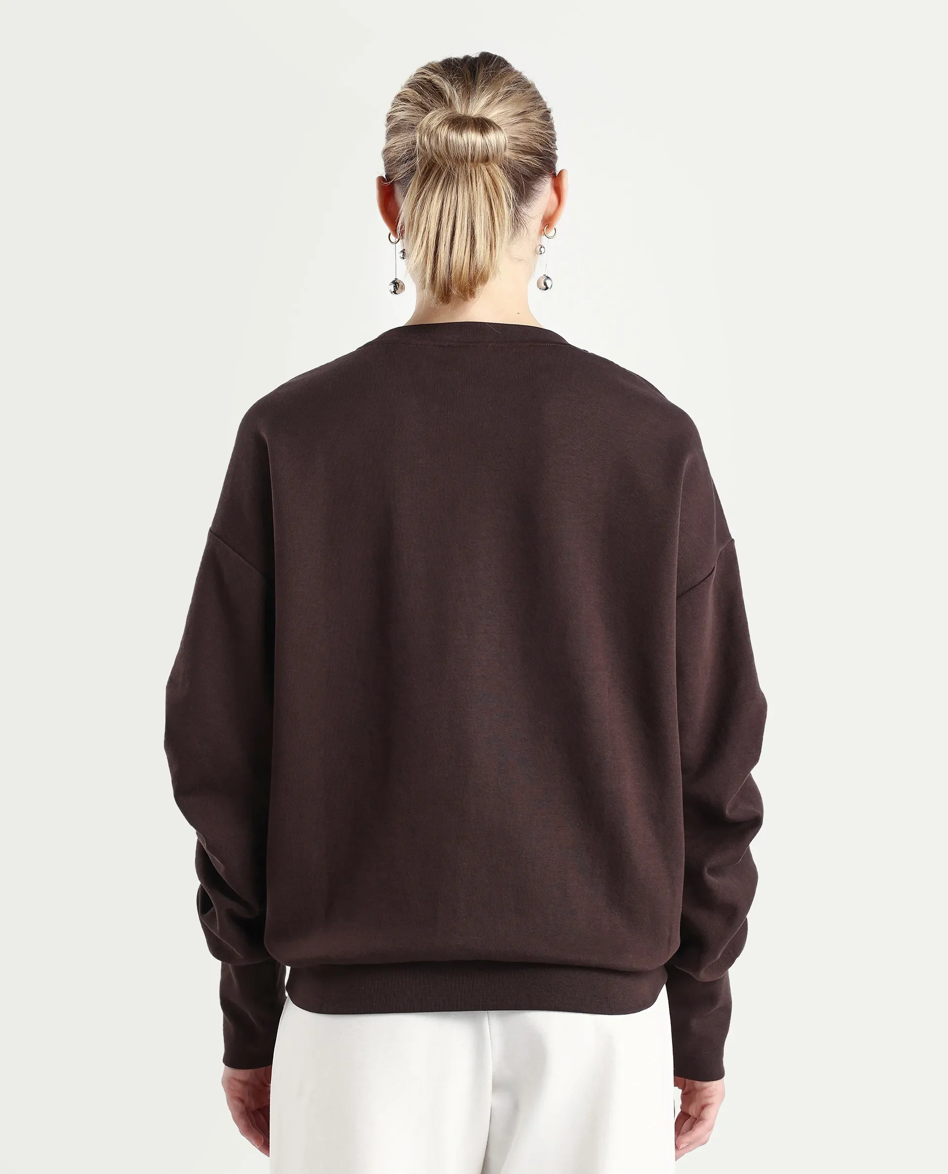 Rareism Women's Ruch Brown Cotton Blend Crew Neck Plain Hip Length Relaxed Fit Sweatshirt - Image 7