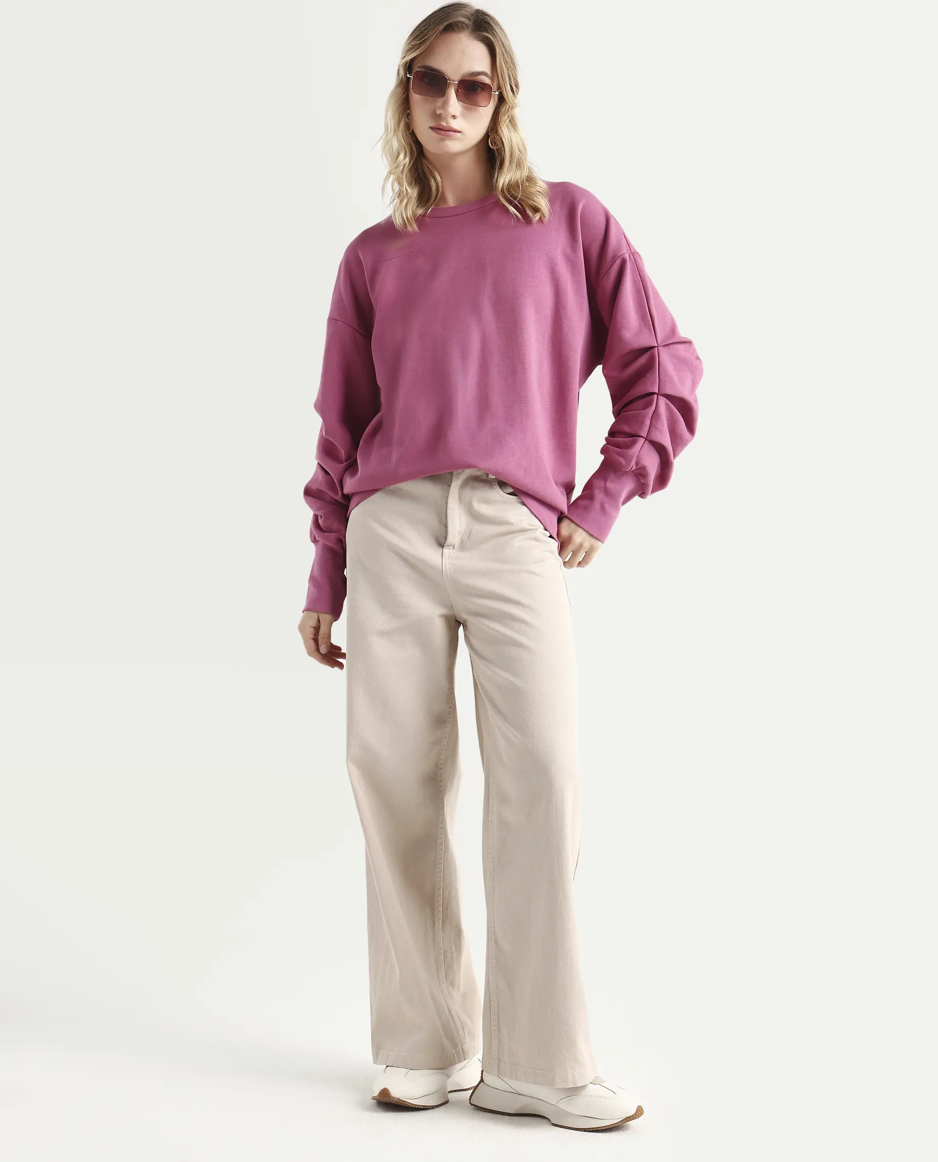 Rareism Women's Ruch Dark Pink Cotton Blend Crew Neck Plain Hip Length Relaxed Fit Sweatshirt - Image 2