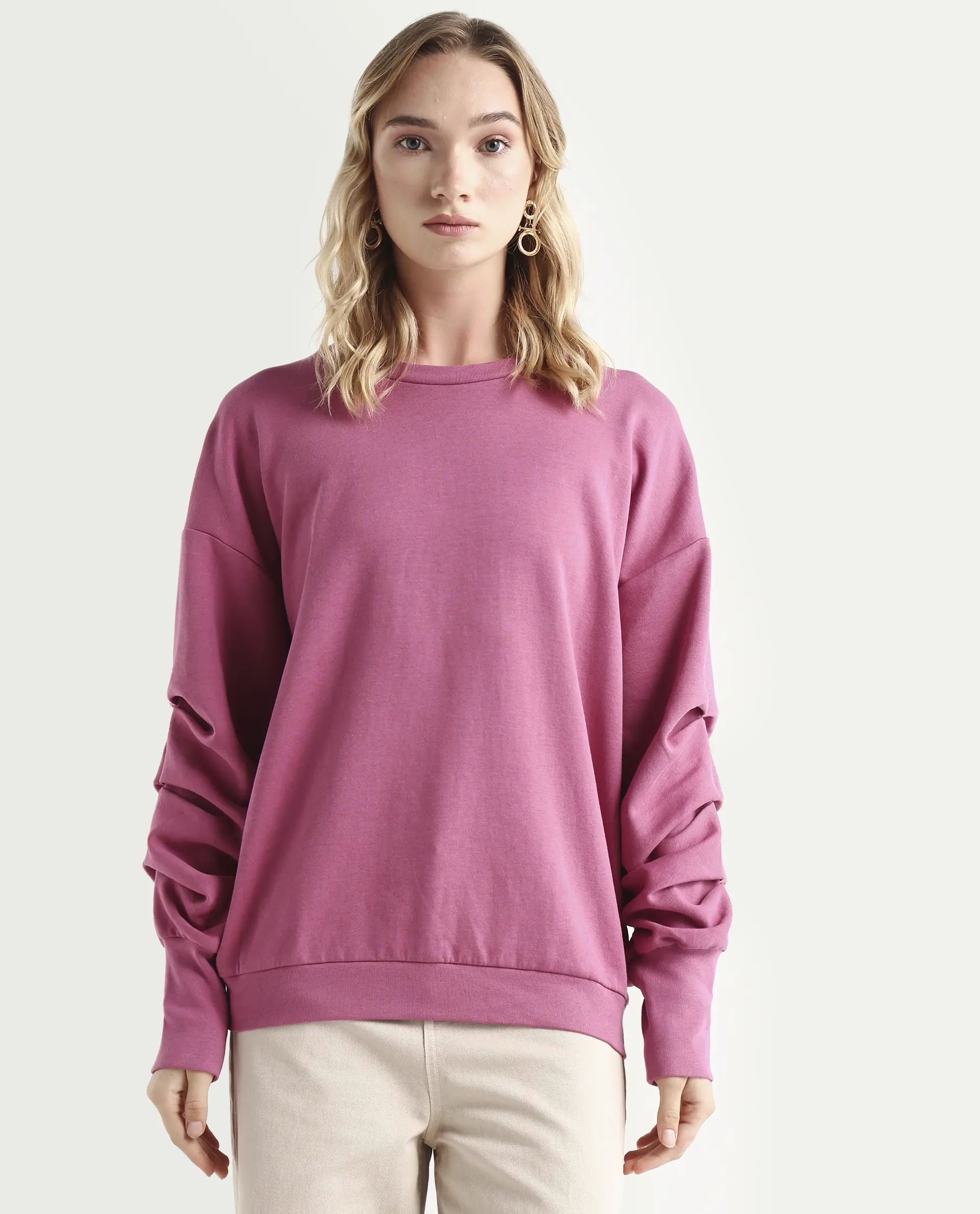 Rareism Women's Ruch Dark Pink Cotton Blend Crew Neck Plain Hip Length Relaxed Fit Sweatshirt - Image 3