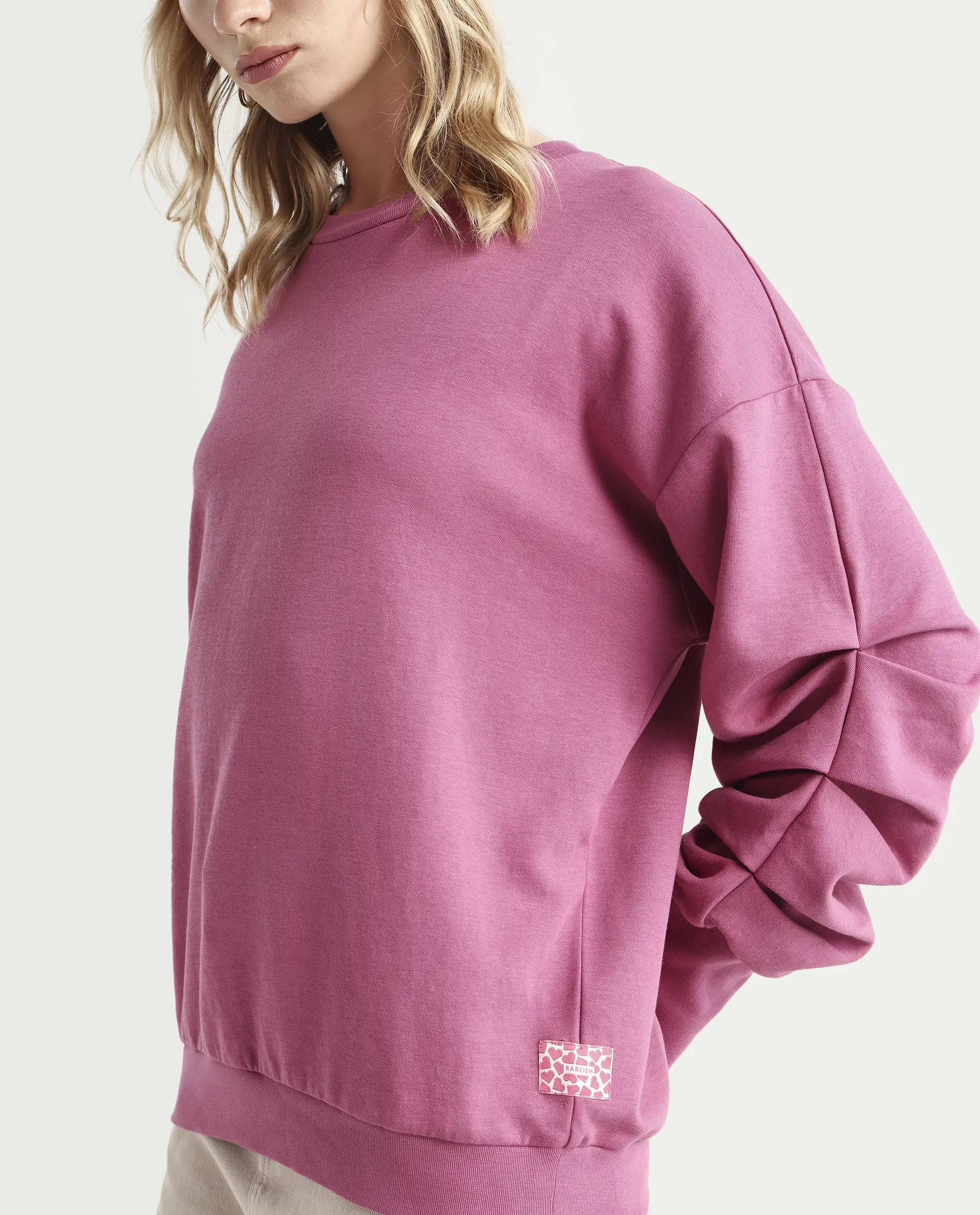 Rareism Women's Ruch Dark Pink Cotton Blend Crew Neck Plain Hip Length Relaxed Fit Sweatshirt - Image 4