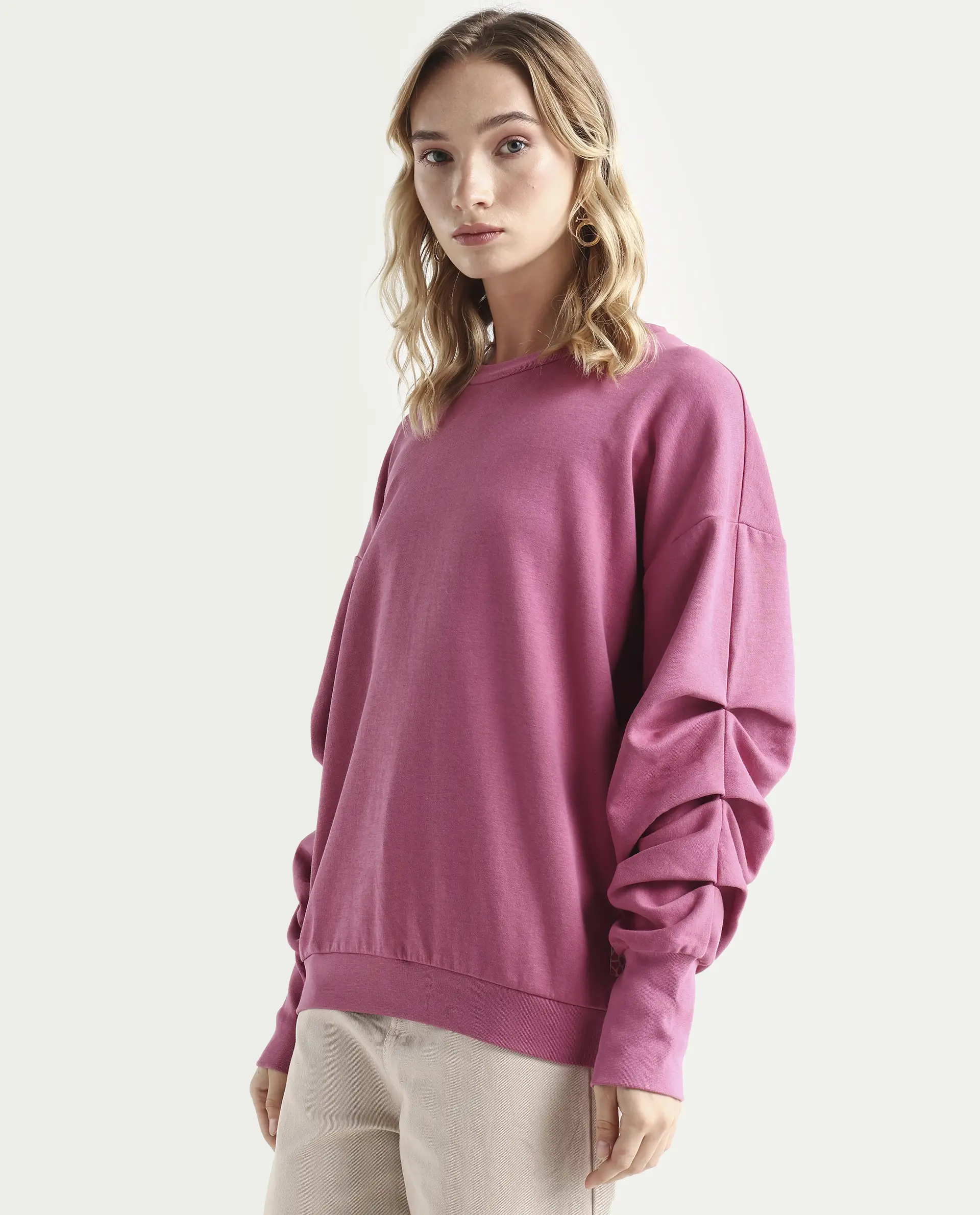 Rareism Women's Ruch Dark Pink Cotton Blend Crew Neck Plain Hip Length Relaxed Fit Sweatshirt - Image 5