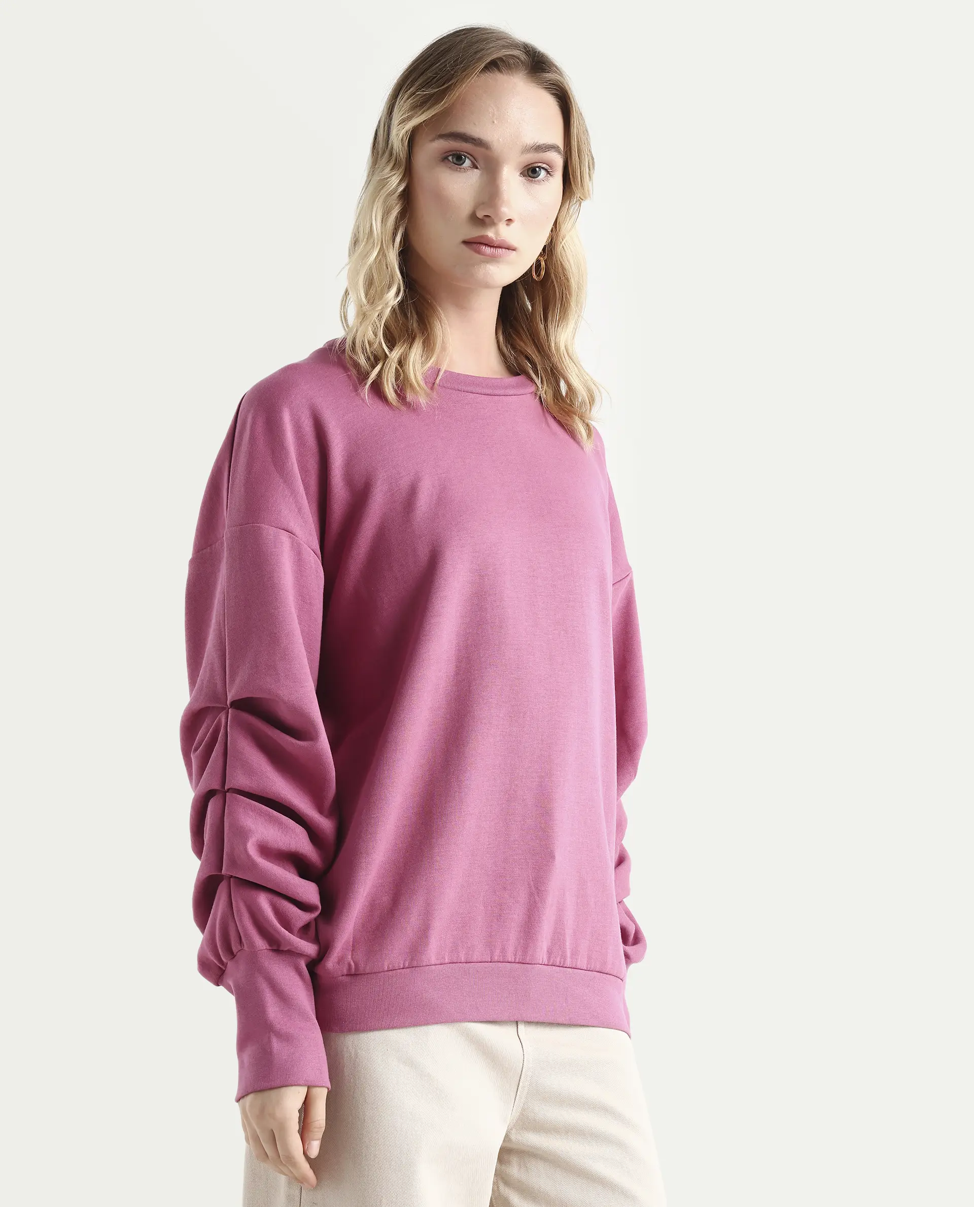 Rareism Women's Ruch Dark Pink Cotton Blend Crew Neck Plain Hip Length Relaxed Fit Sweatshirt - Image 6