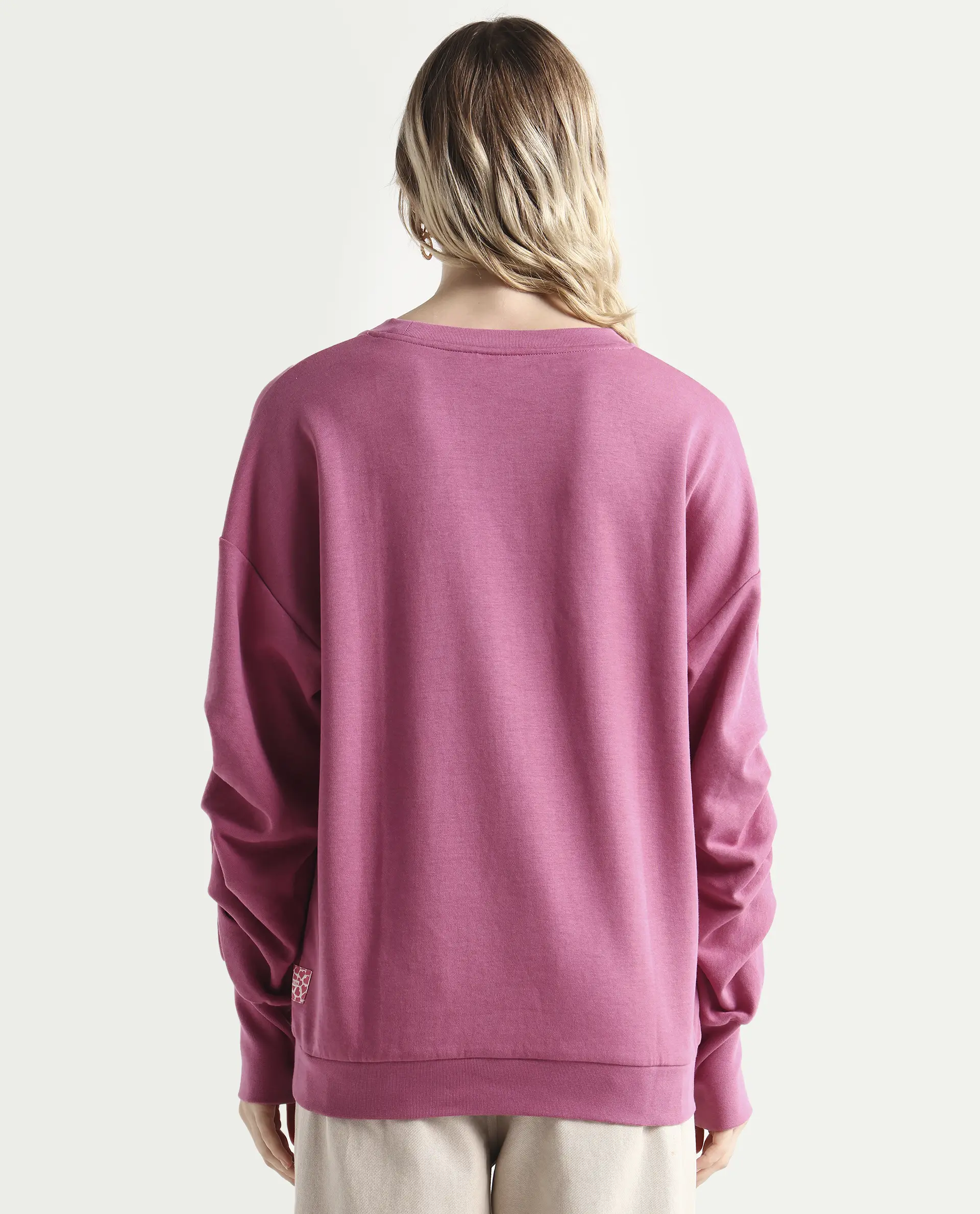 Rareism Women's Ruch Dark Pink Cotton Blend Crew Neck Plain Hip Length Relaxed Fit Sweatshirt - Image 7
