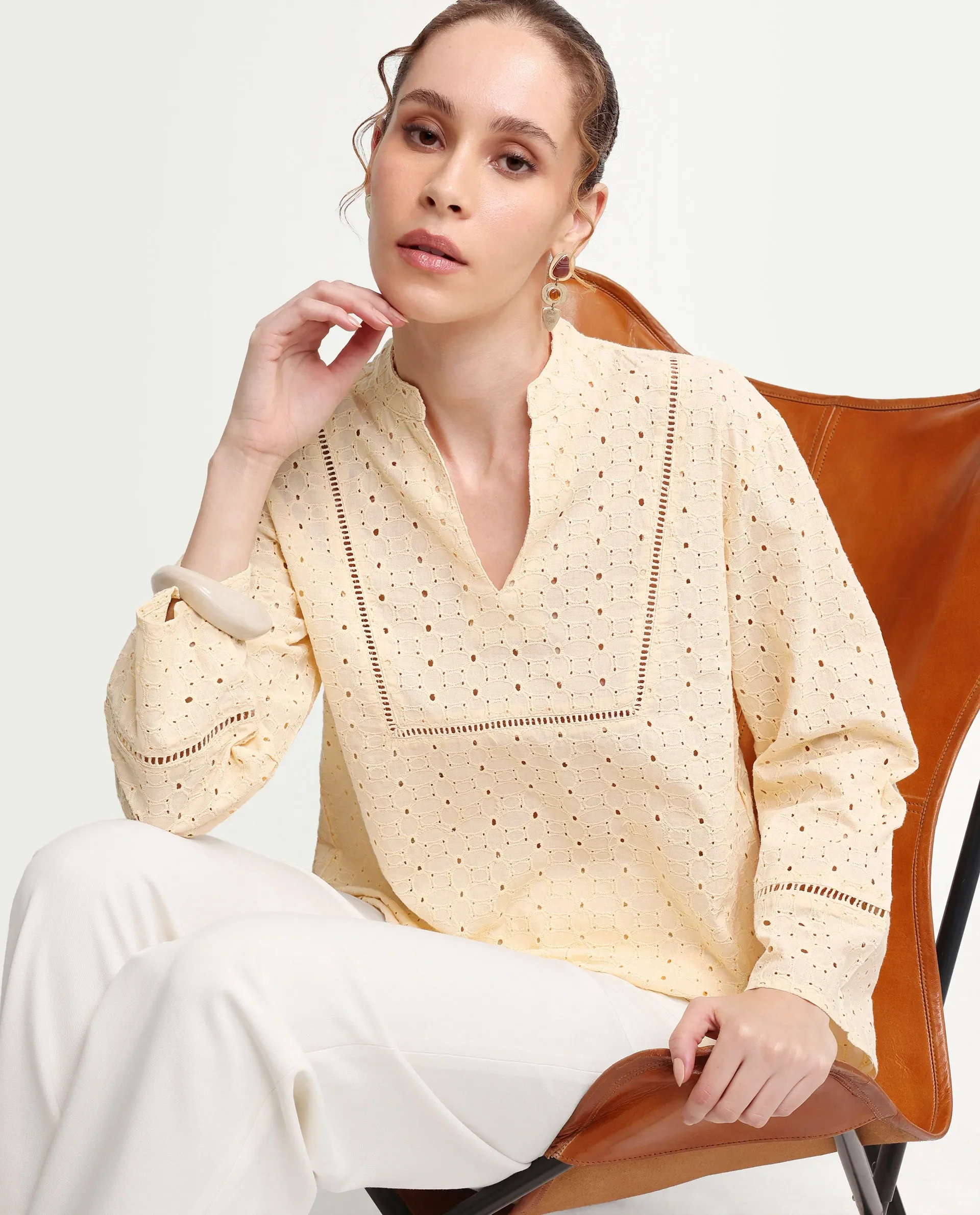 Rareism Women's Ruch Pastel Yellow Cotton Full Sleeve Band Collar Regular Fit Top