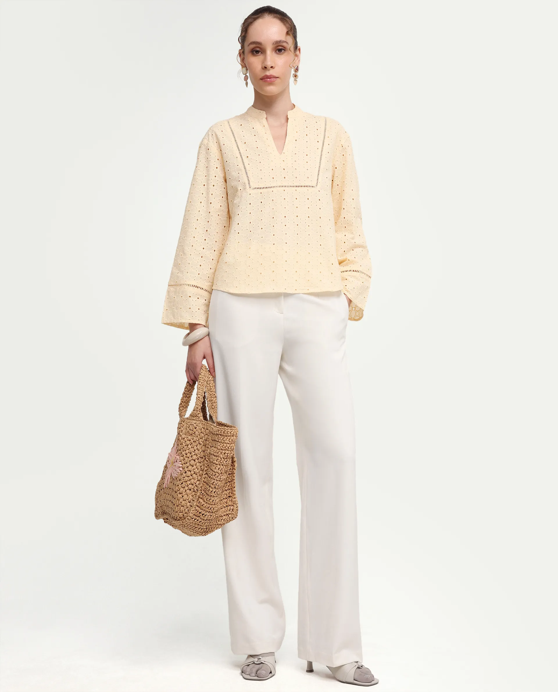 Rareism Women's Ruch Pastel Yellow Cotton Full Sleeve Band Collar Regular Fit Top - Image 2