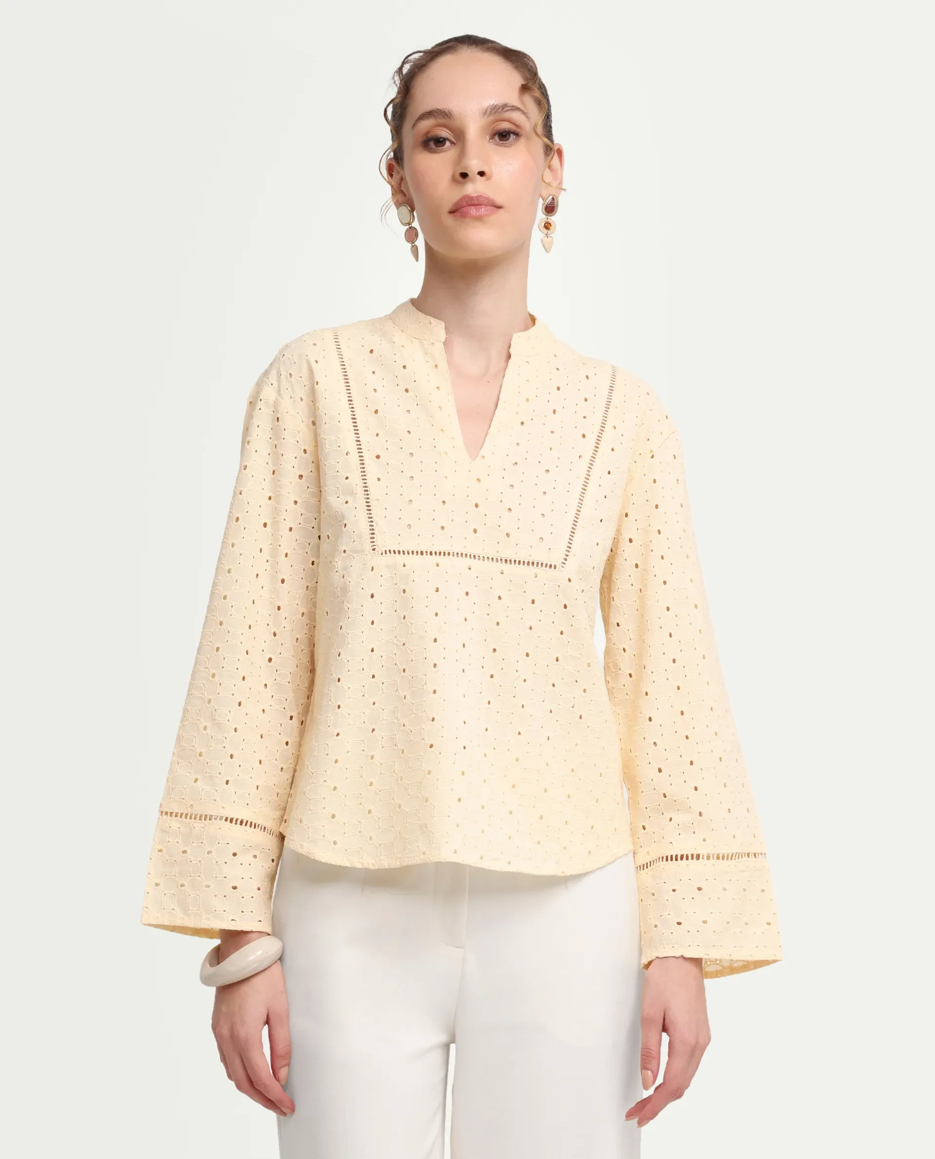 Rareism Women's Ruch Pastel Yellow Cotton Full Sleeve Band Collar Regular Fit Top - Image 3