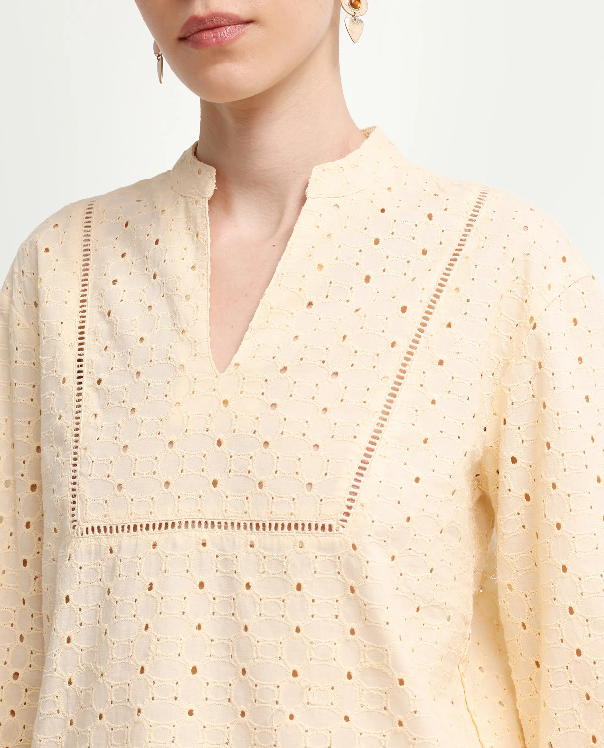 Rareism Women's Ruch Pastel Yellow Cotton Full Sleeve Band Collar Regular Fit Top - Image 4