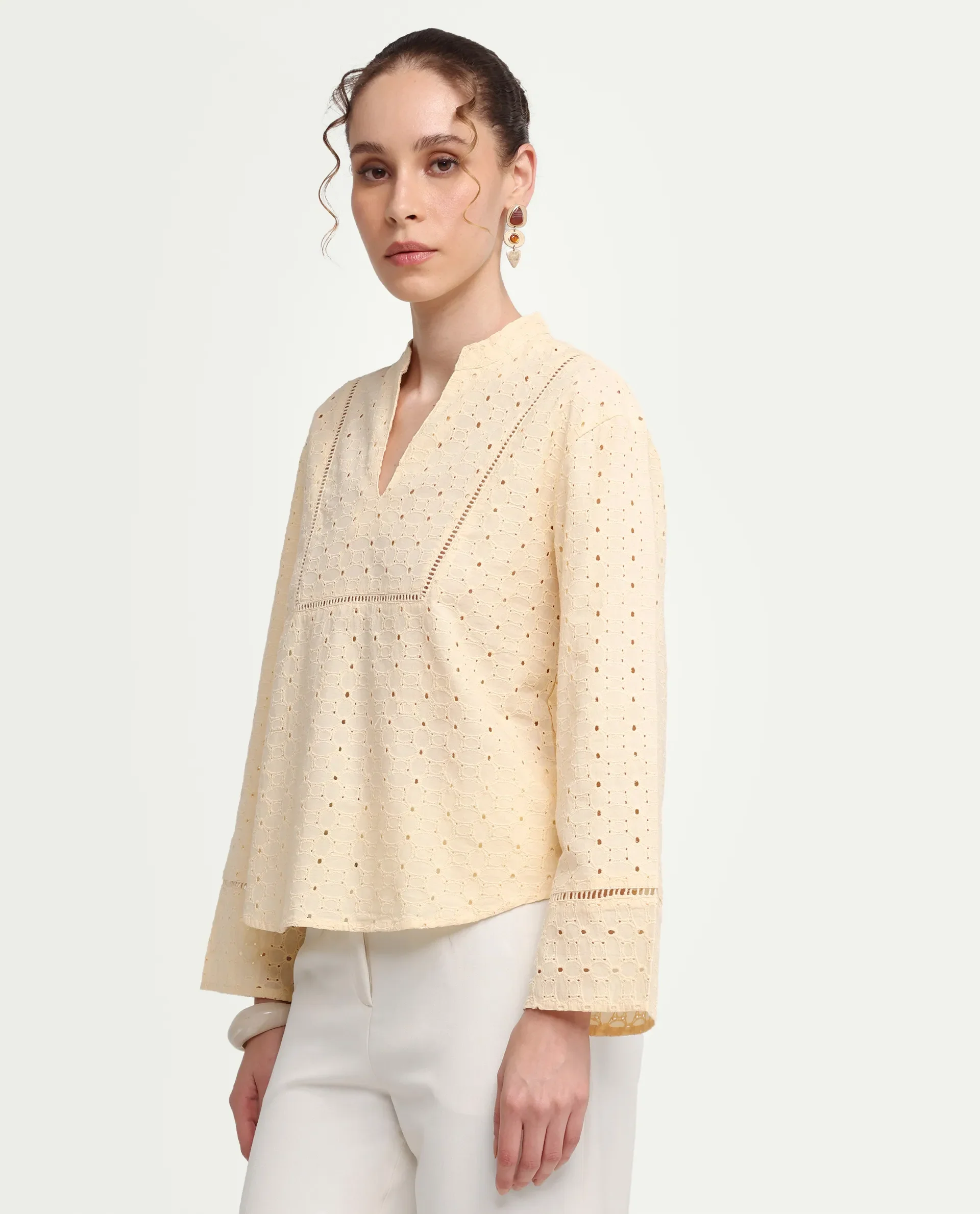 Rareism Women's Ruch Pastel Yellow Cotton Full Sleeve Band Collar Regular Fit Top - Image 5