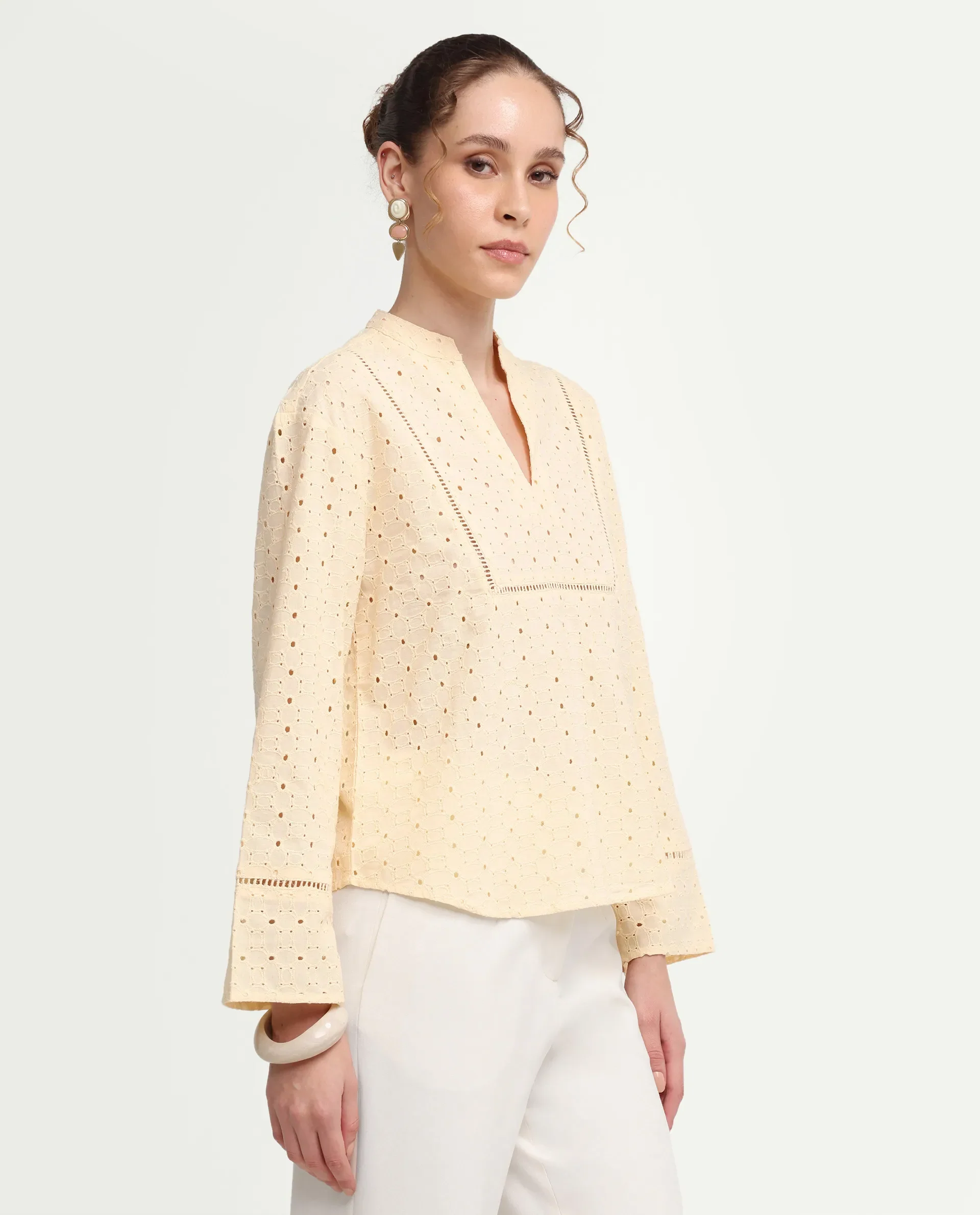 Rareism Women's Ruch Pastel Yellow Cotton Full Sleeve Band Collar Regular Fit Top - Image 6