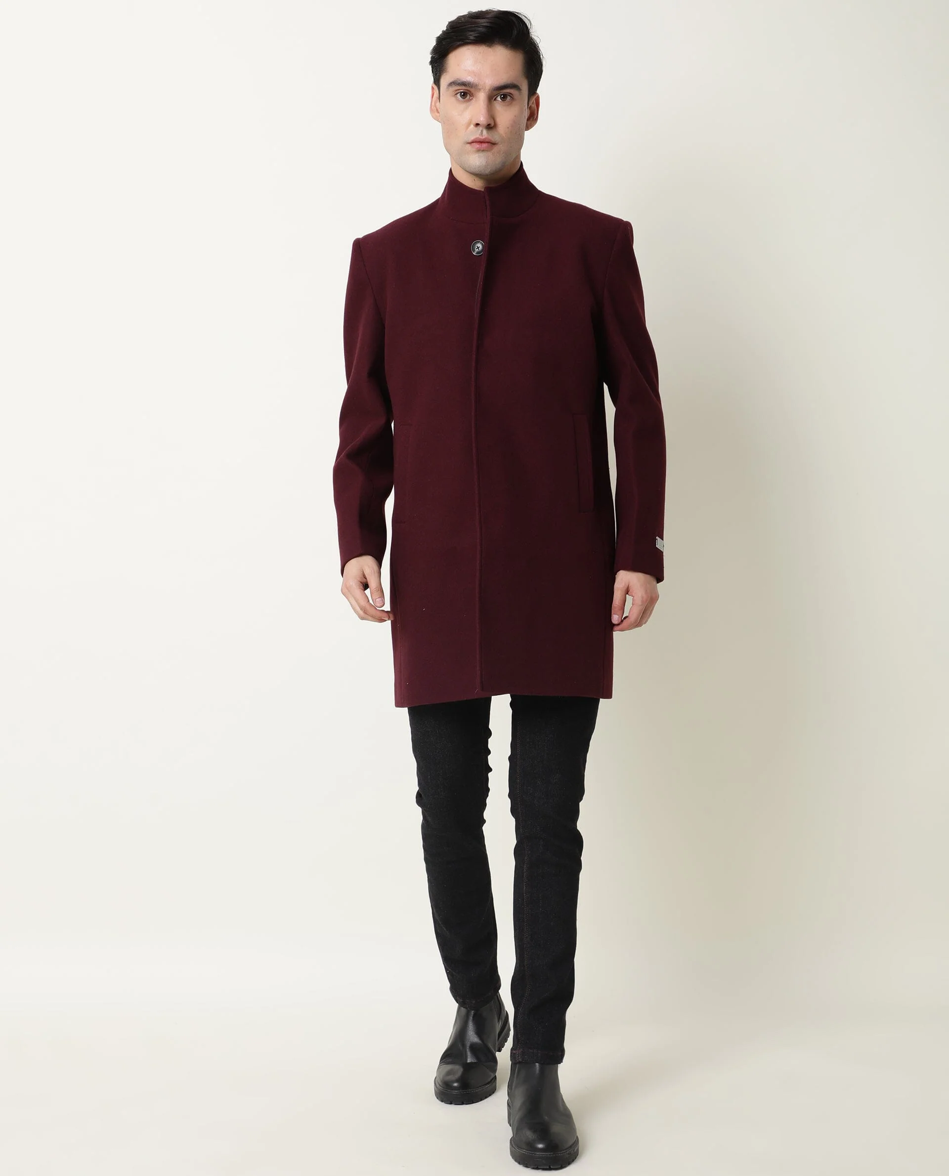 Rare Rabbit Men's Ruco Maroon Polyester Plain Regular Fit Full Sleeve Mandarin Collar Jacket - Image 2