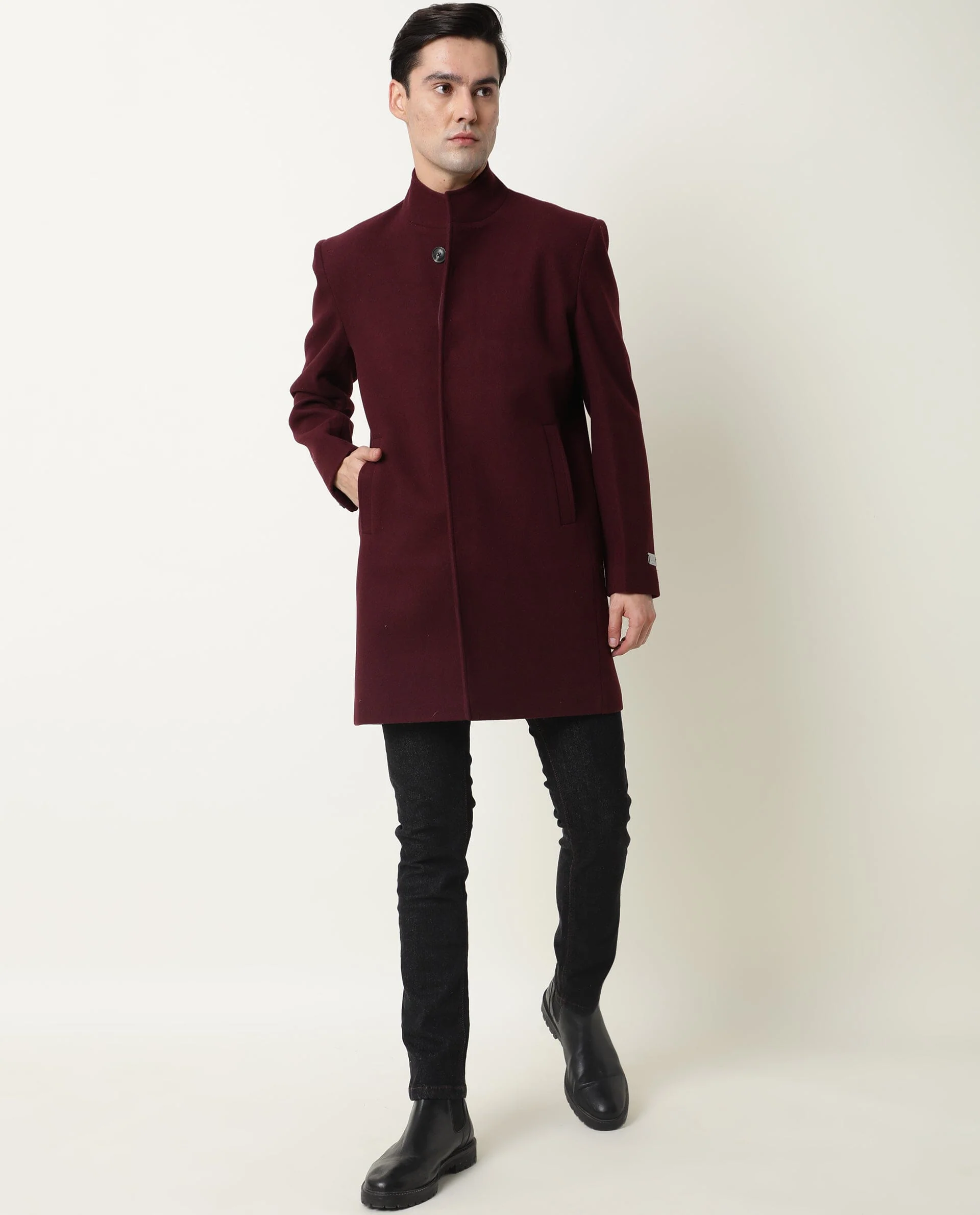 Rare Rabbit Men's Ruco Maroon Polyester Plain Regular Fit Full Sleeve Mandarin Collar Jacket - Image 3